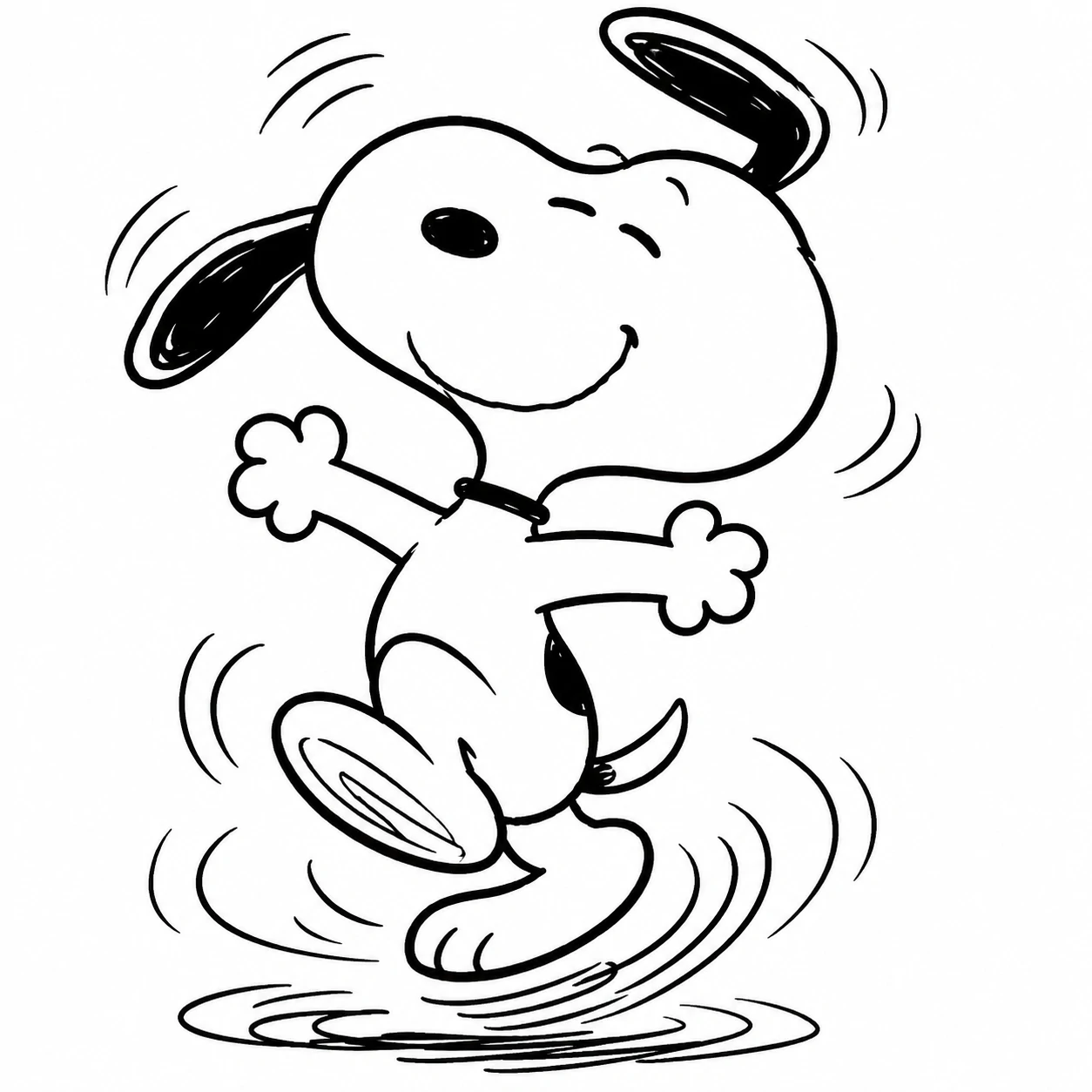 Monochrome Snoopy PFP mid happy dance with motion lines in ink style
