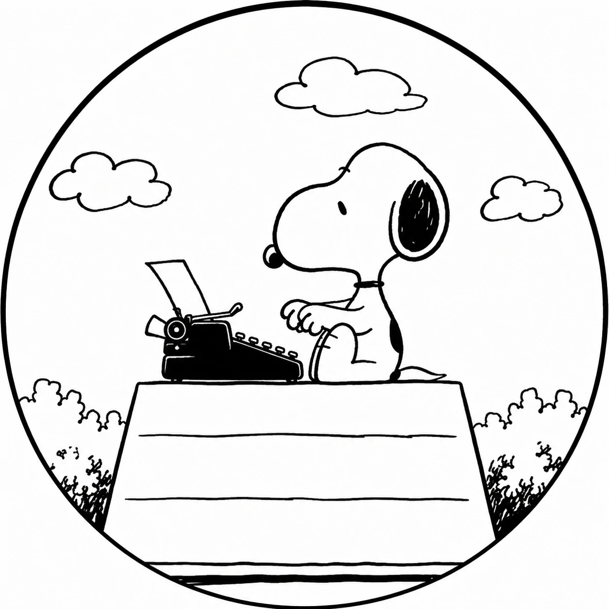 Black and white Snoopy PFP typing his novel on a rooftop typewriter