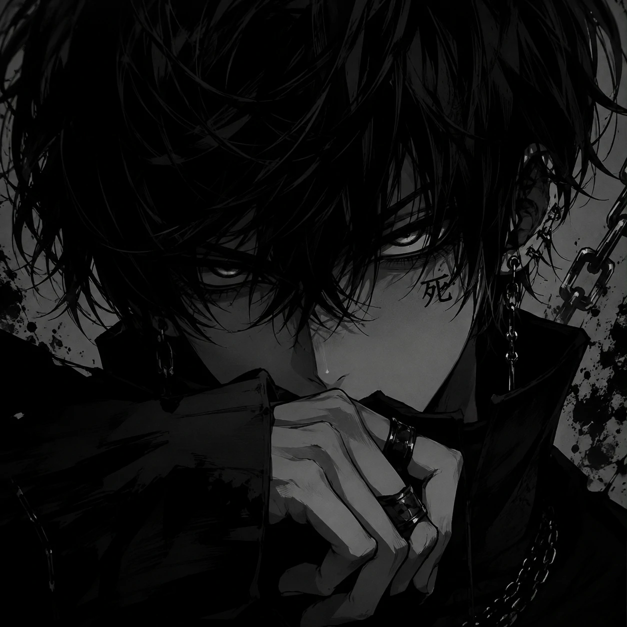 Black anime pfp aesthetic dark boy with moody monochrome shading and intense eyes.