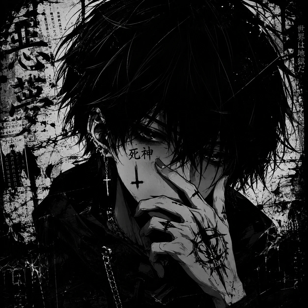 Grunge black anime pfp rendered in monochrome palette with bold linework.