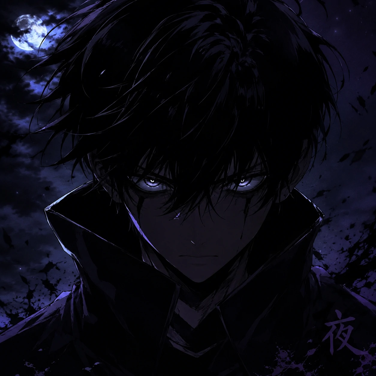 Staring midnight anime character black pfp drawn in a deep night colour palette.