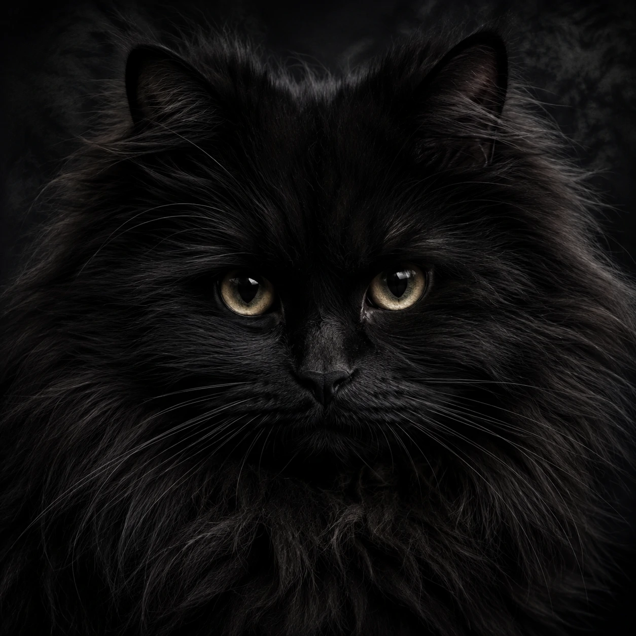 Fluffy black cat pfp portrait with deep fur texture and quiet attentive eyes.