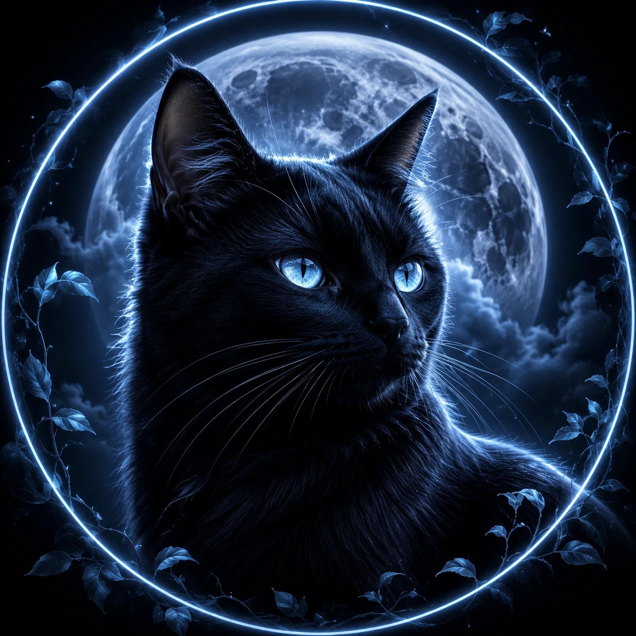 Moonlit black cat pfp framed in pale blue light against a deep black background.