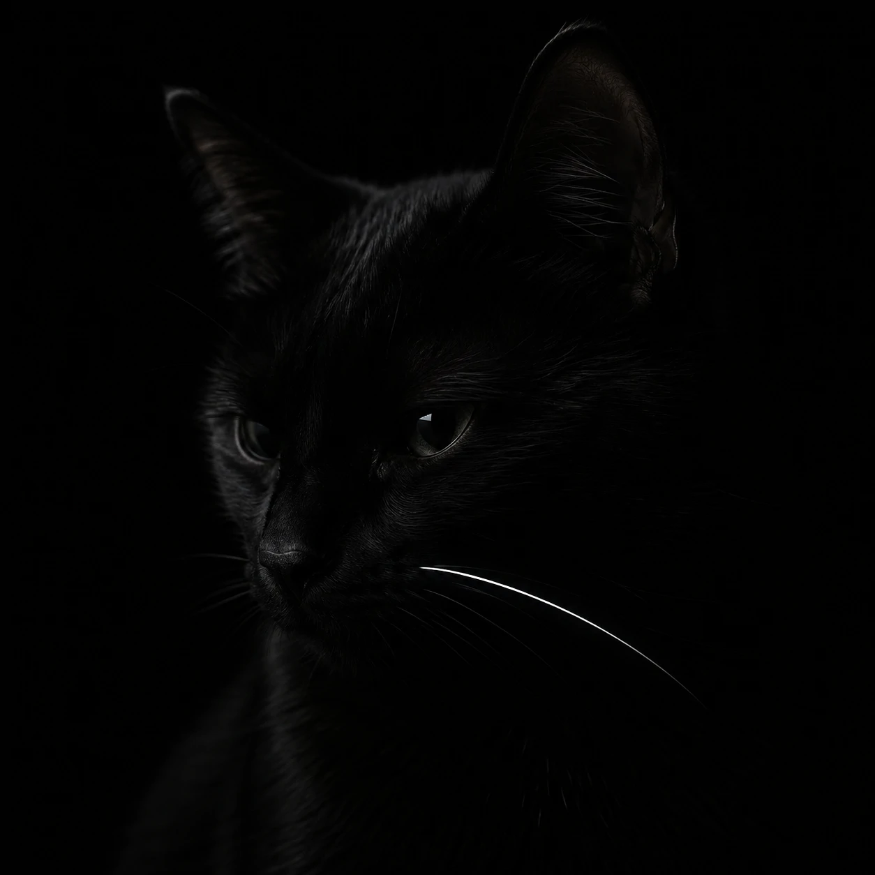 Night-shadow black cat pfp with one white whisker catching light against deep black.