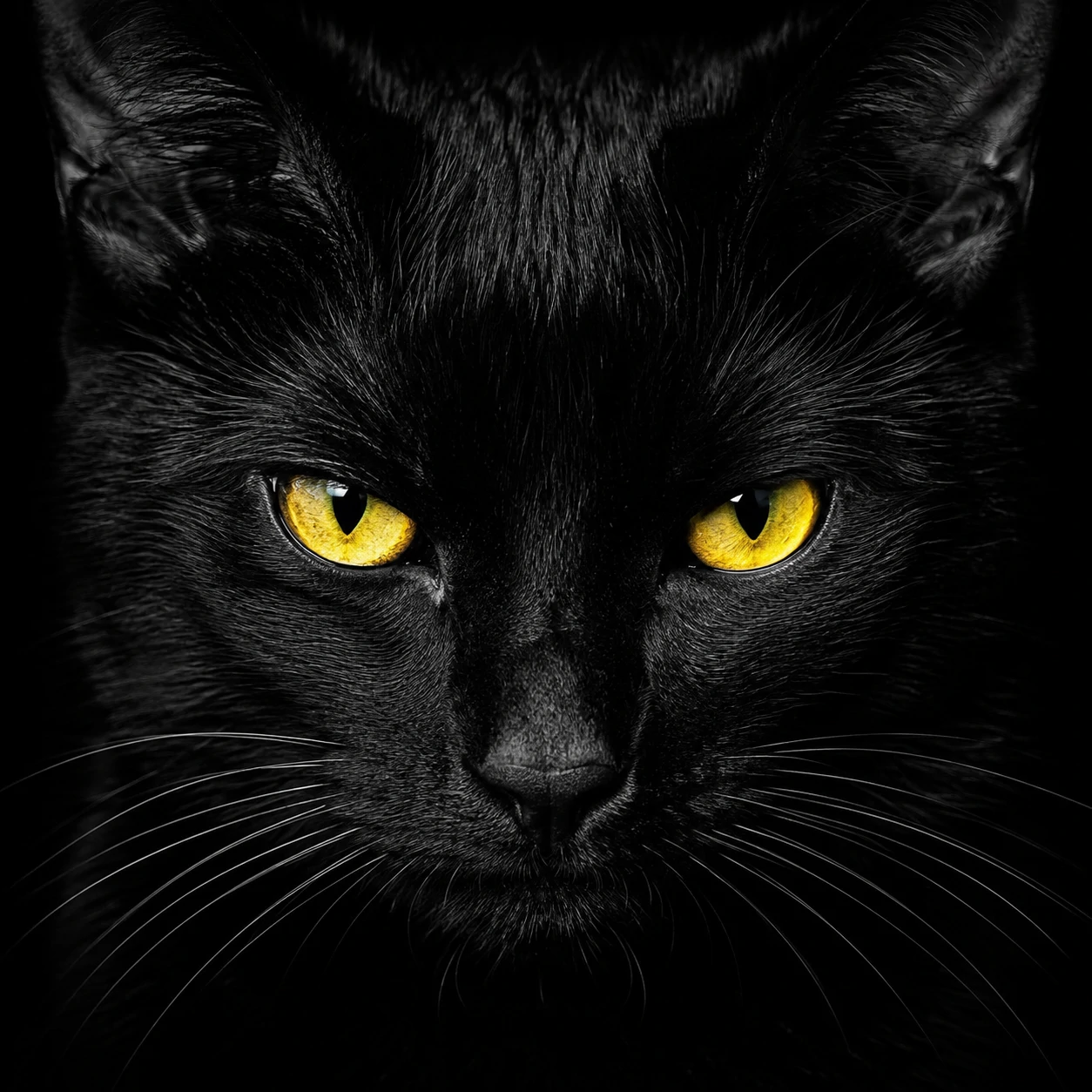 Black cat pfp staring forward with bright yellow eyes in deep monochrome.