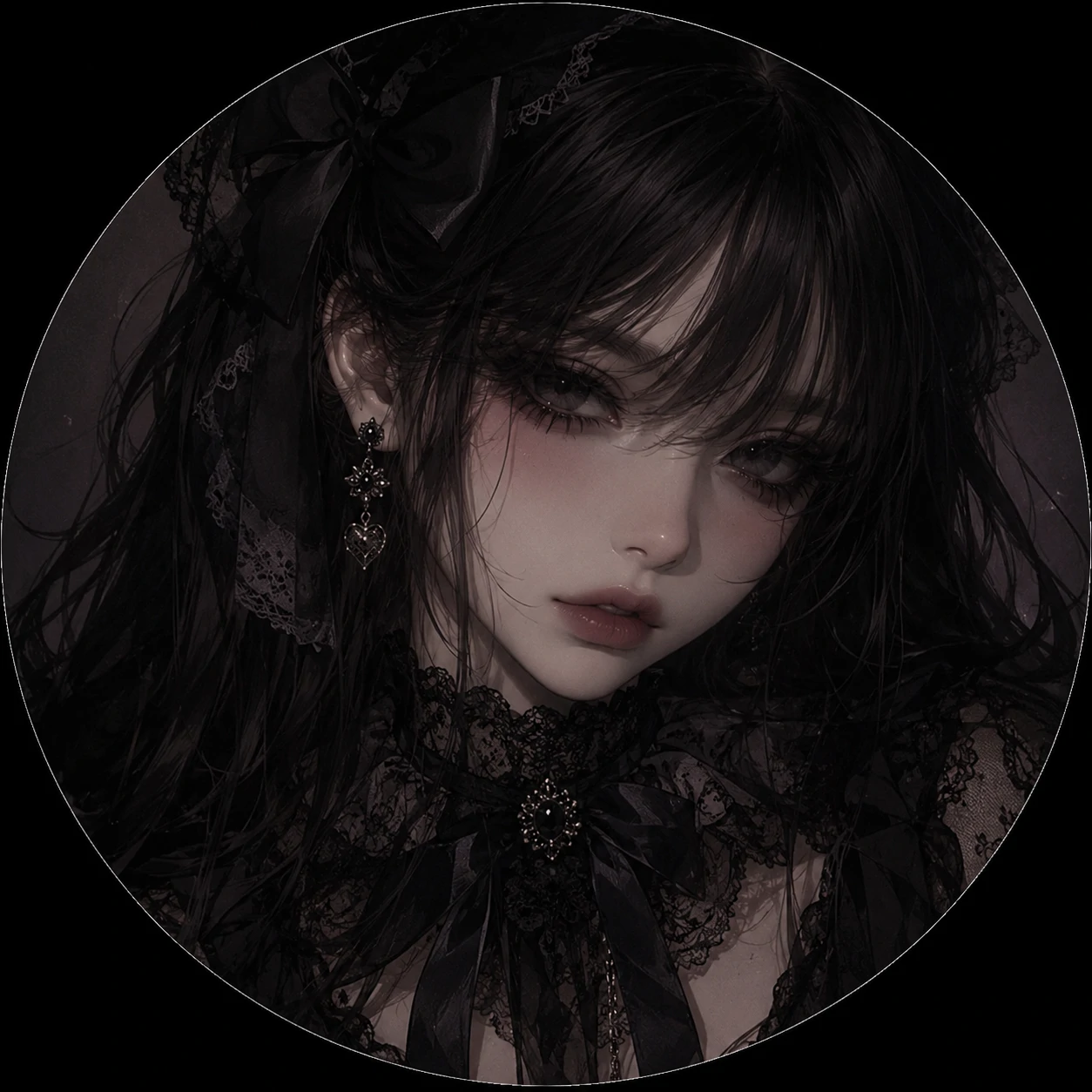 Black coquette PFP with a lace collar and smoky eye detail.