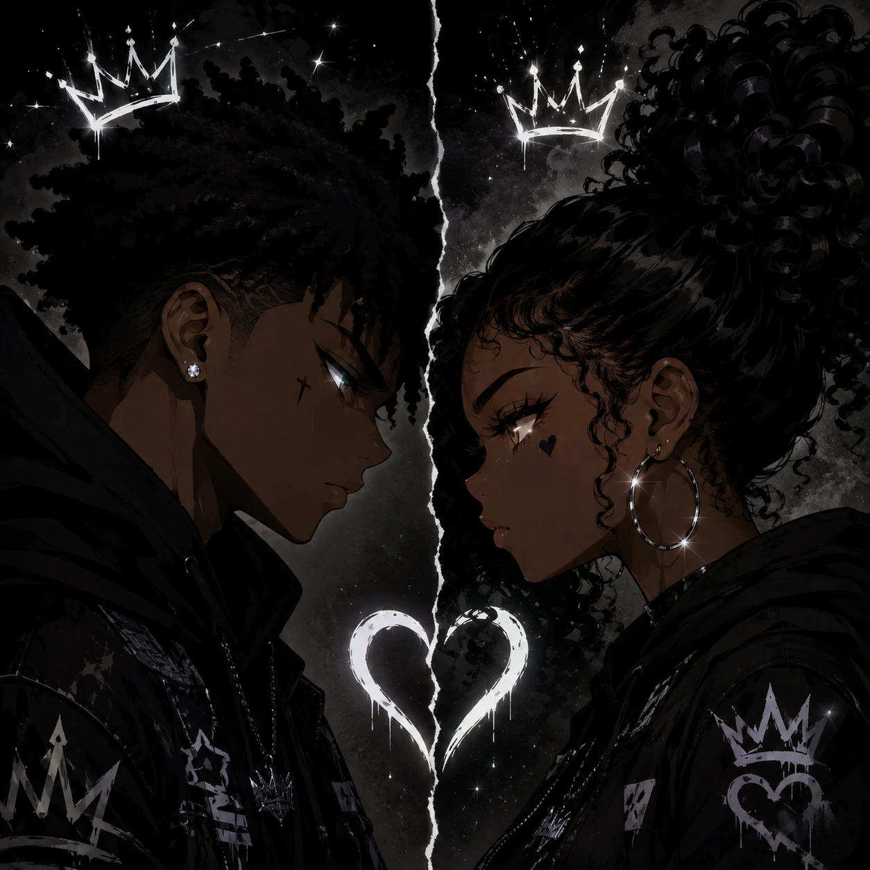 Black anime couple matching pfp icons styled for shared profile slots on every platform.