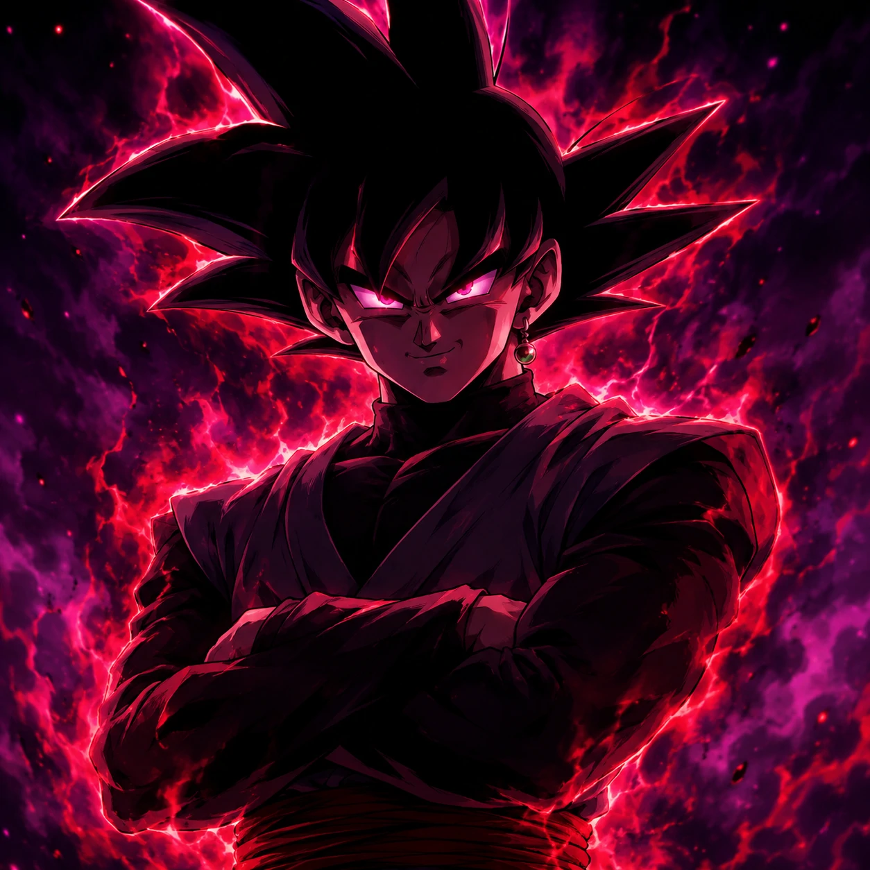 Goku Black profile picture surrounded by red aura and pink glowing eyes.