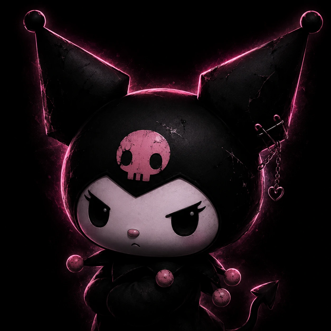 Dark aesthetic Kuromi profile picture with deep black background and faint pink glow.