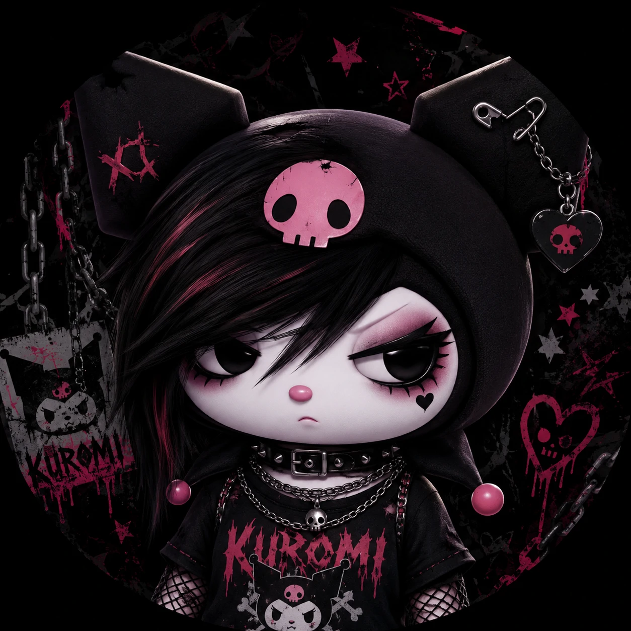Emo black Kuromi PFP with side-swept fringe, smoky eye look, and chain choker.