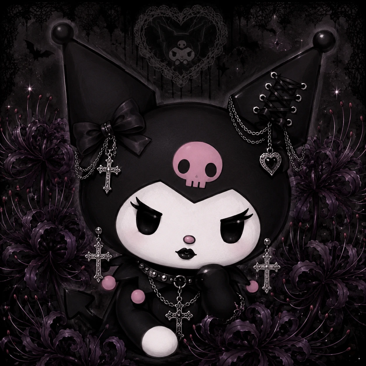 Goth Kuromi PFP edit with silver jewellery, dark lipstick, and spider lilies behind.