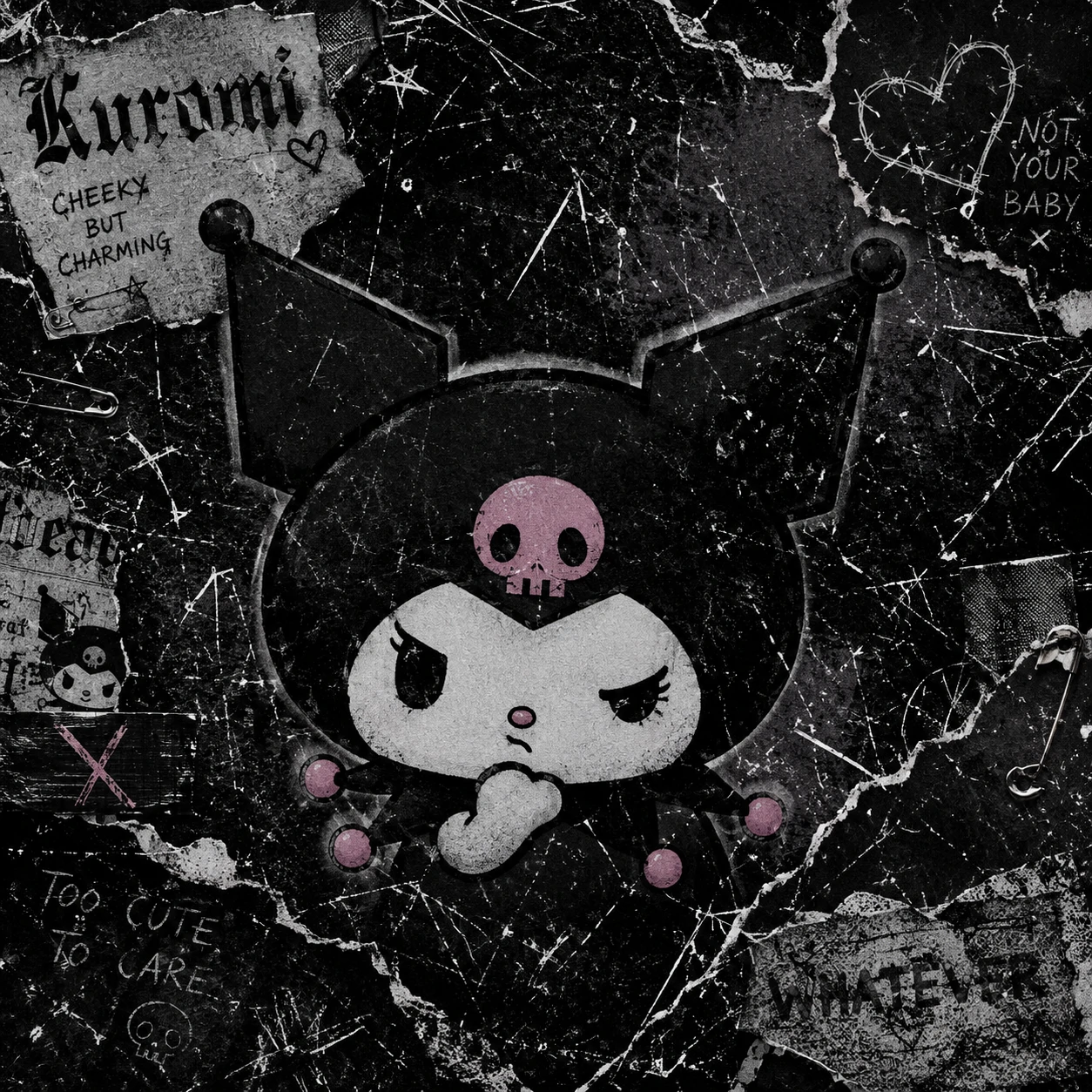 Black grunge Kuromi PFP with torn paper overlay and silver scratch texture.