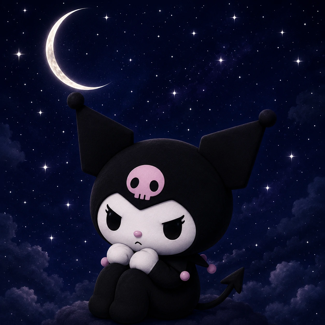 Black Kuromi PFP under deep navy night sky with stars and crescent moon.
