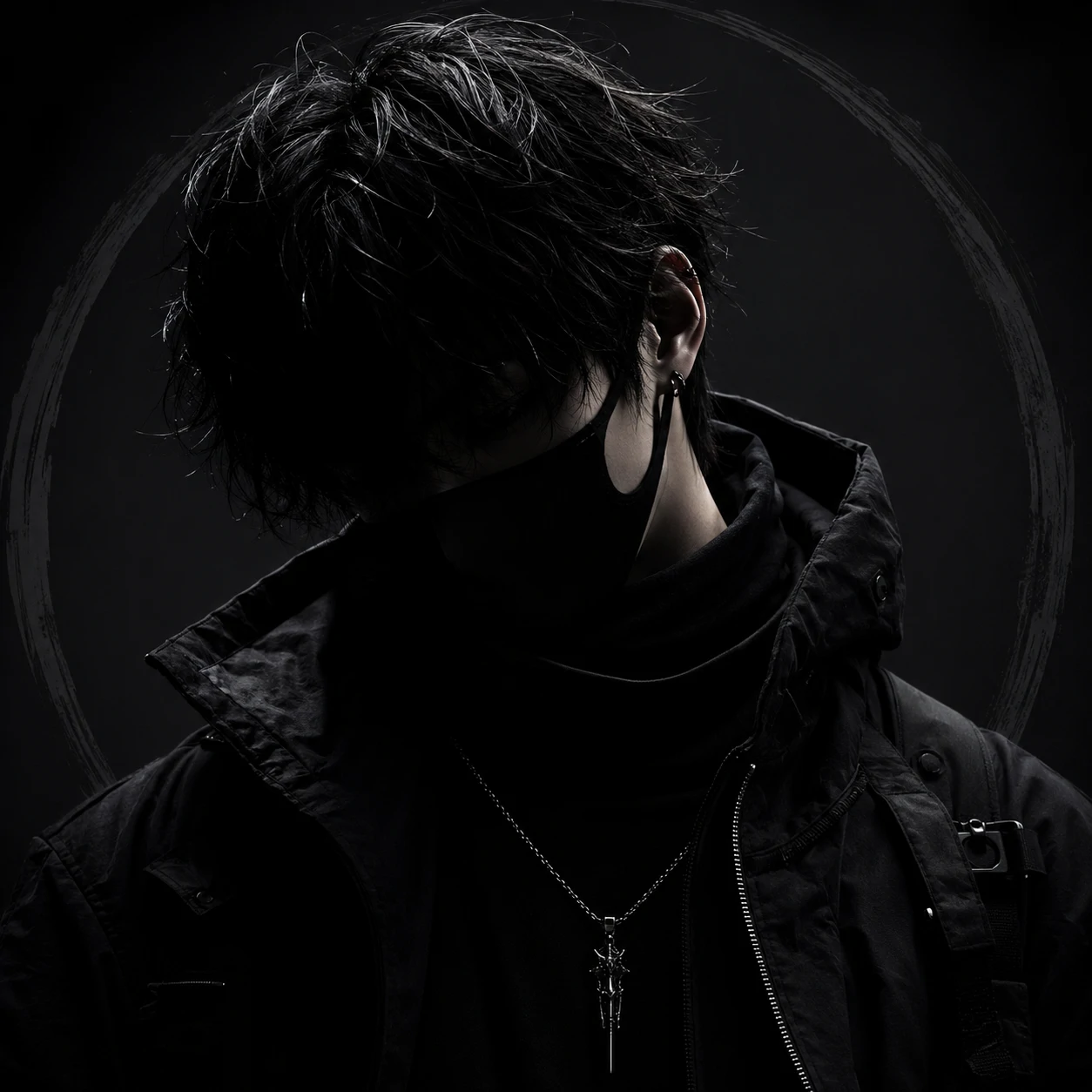 Dark fashion black pfp boy styled in modern monochrome layers with directional light.
