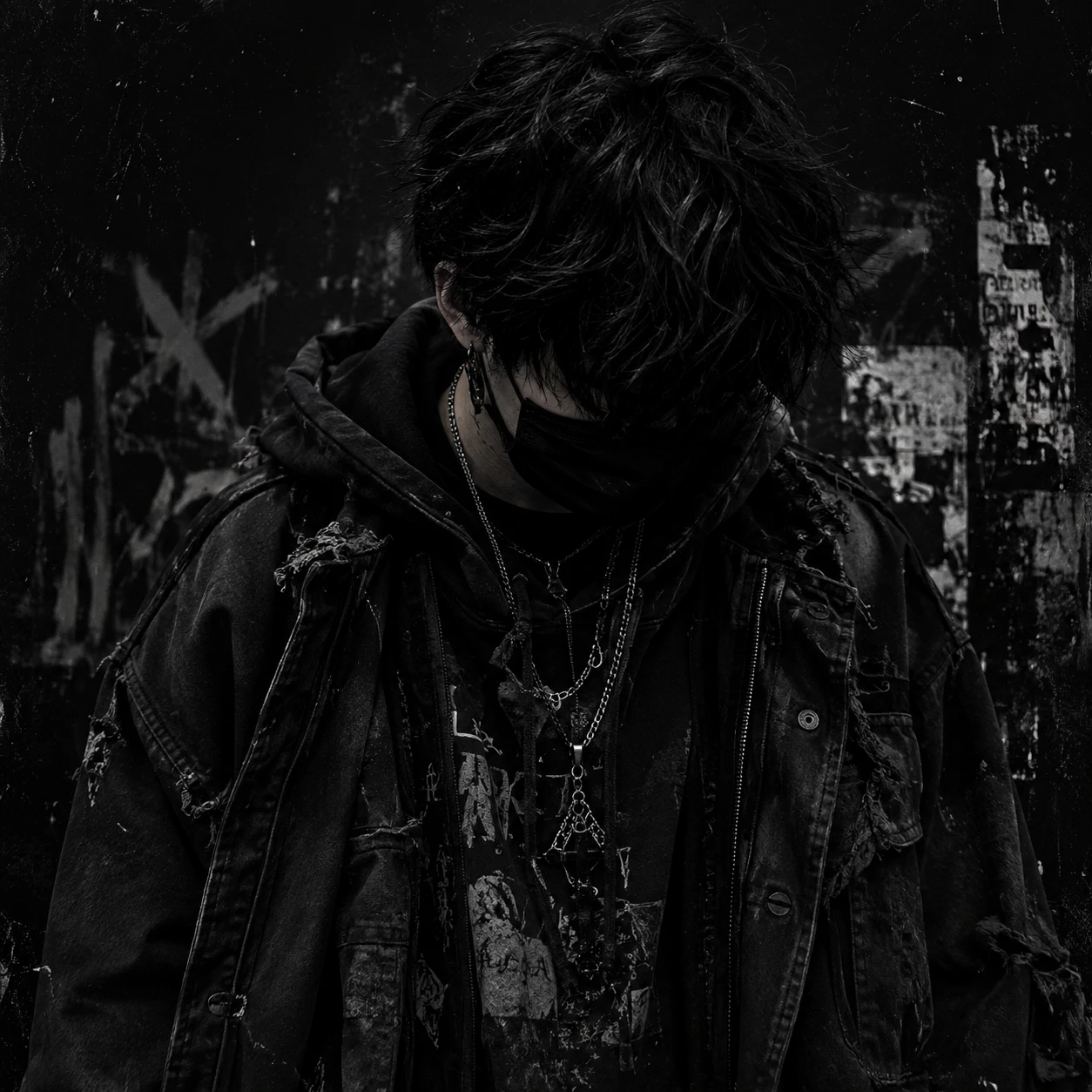 Grunge aesthetic black pfp boy dressed in layered streetwear with weathered textures.