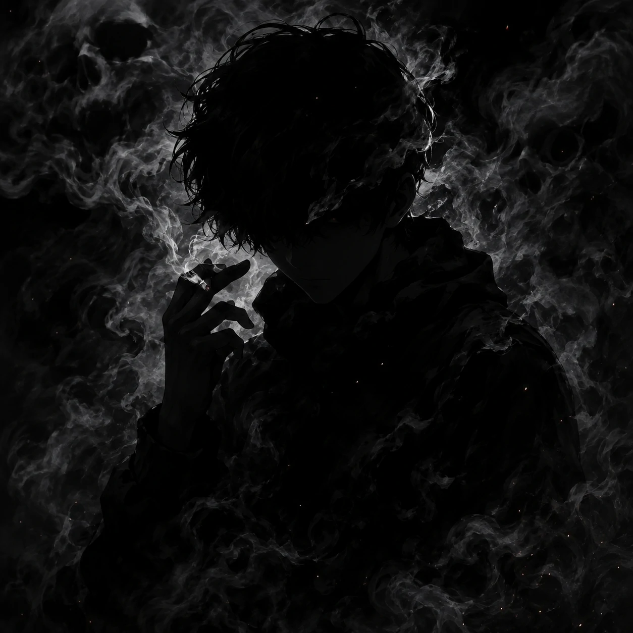 Black pfp boy wrapped in atmospheric smoke and shadow with deep cinematic tones.