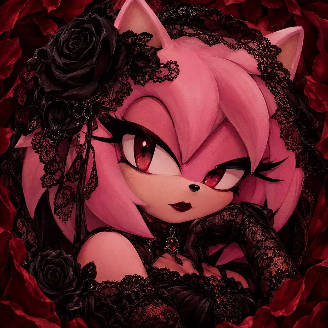 Black Rose Amy PFP with gothic lace, dark lipstick, and crimson petal frame