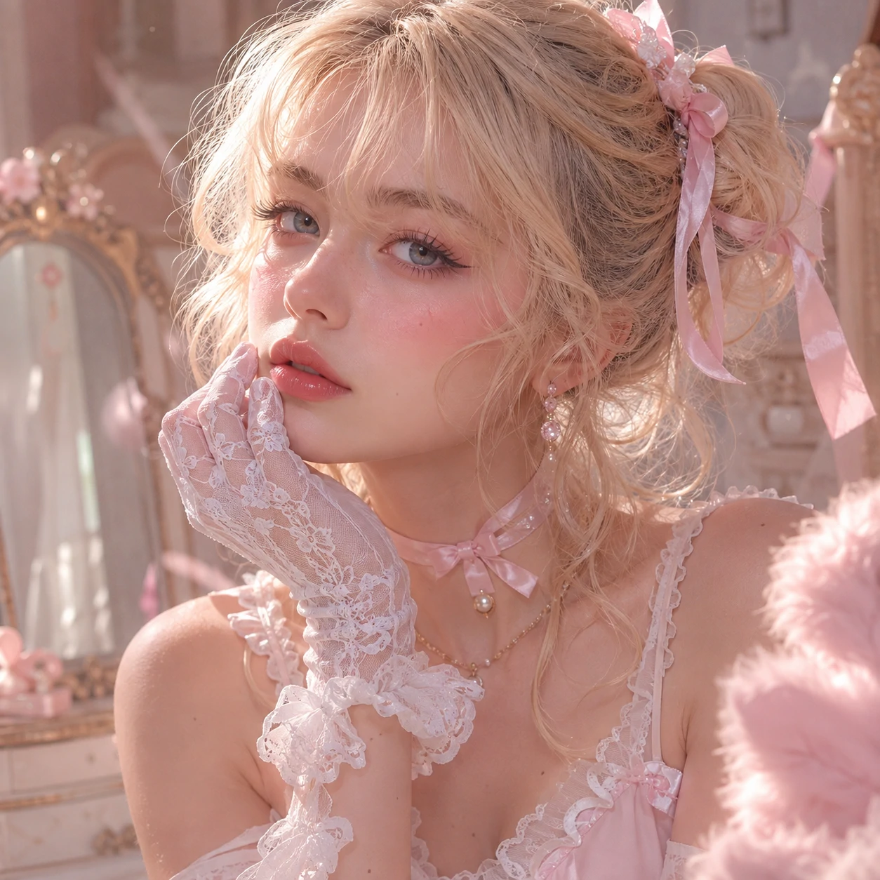Blonde coquette girl PFP wearing lace gloves and a ribbon choker.