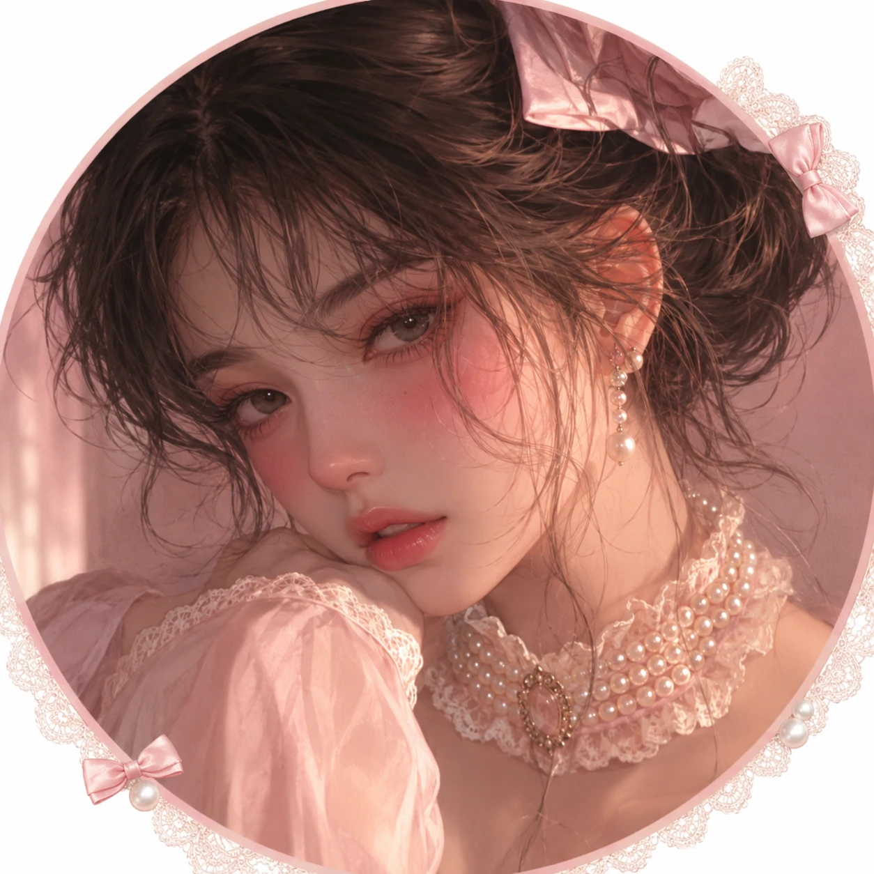 Blush coquette PFP of a girl with rosy cheeks and a pearl collar.