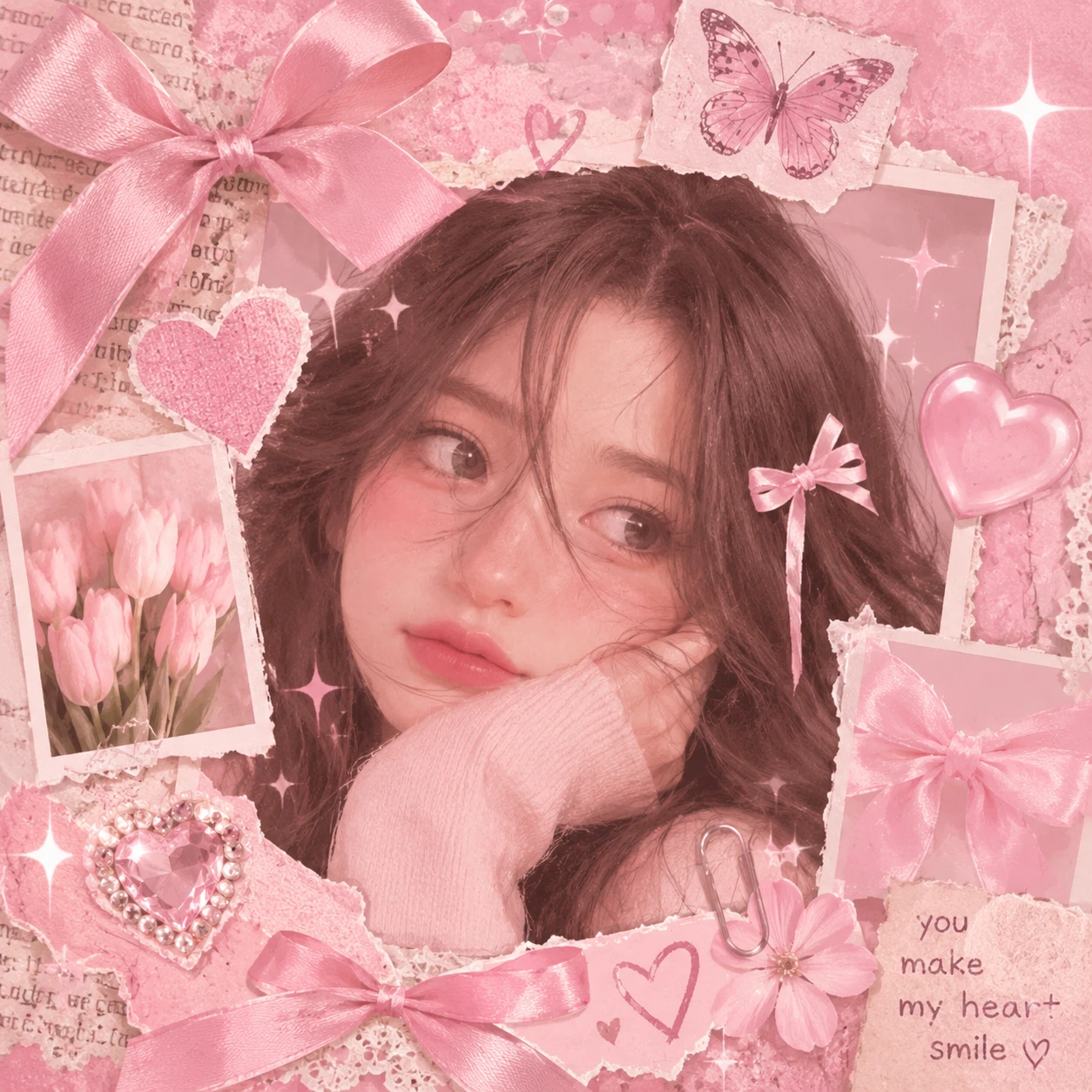 Blush pink profile picture collage with ribbons, sparkles, and layered photo scraps