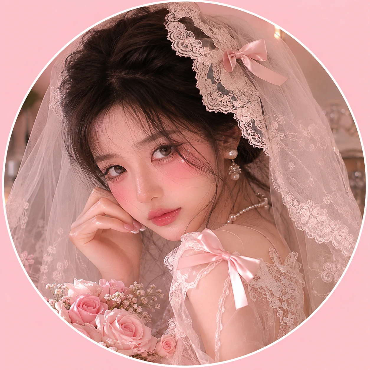 Bridal coquette girl PFP with a lace veil and pearl earrings.