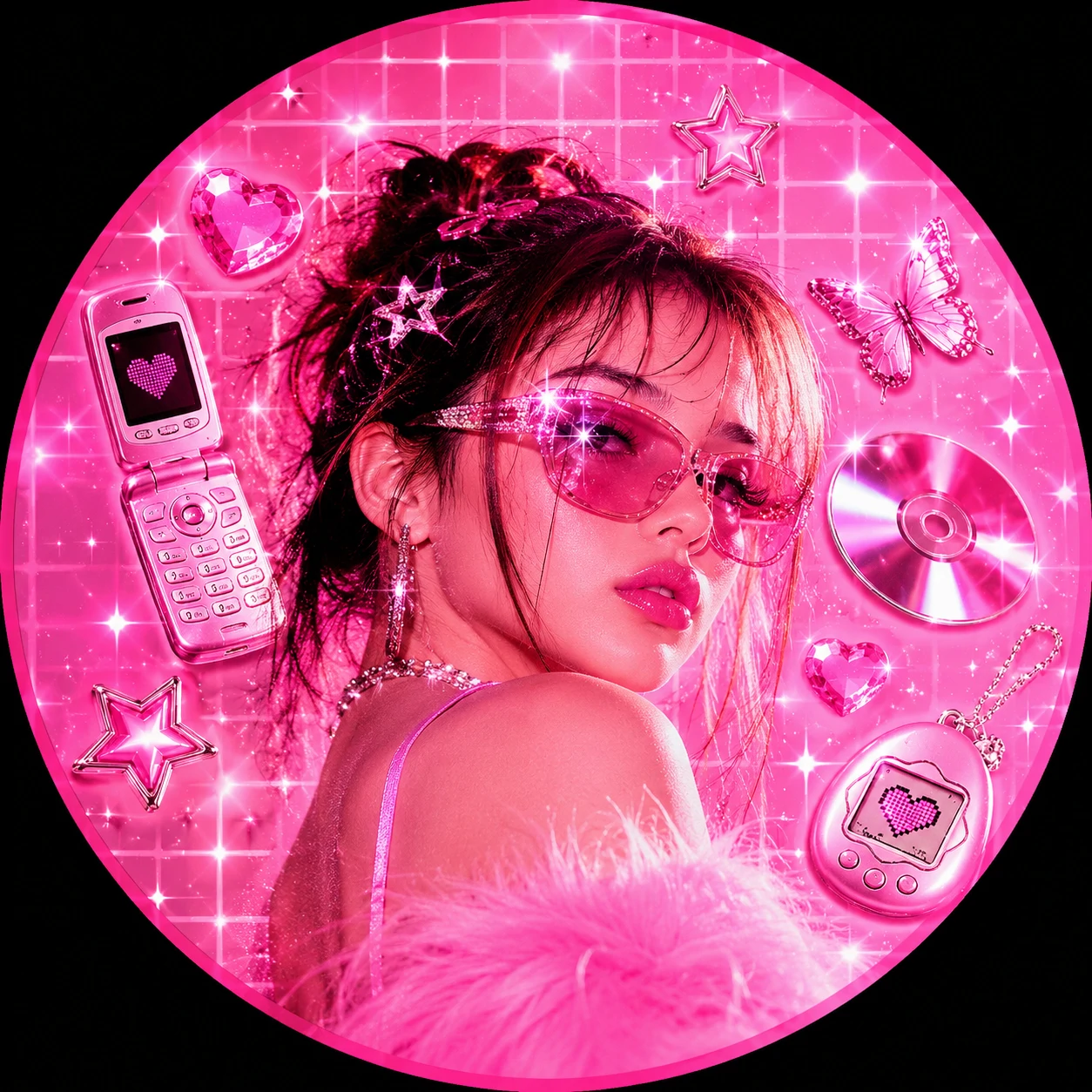 Bubblegum pink Y2K pfp with sparkle grid background and glossy icons