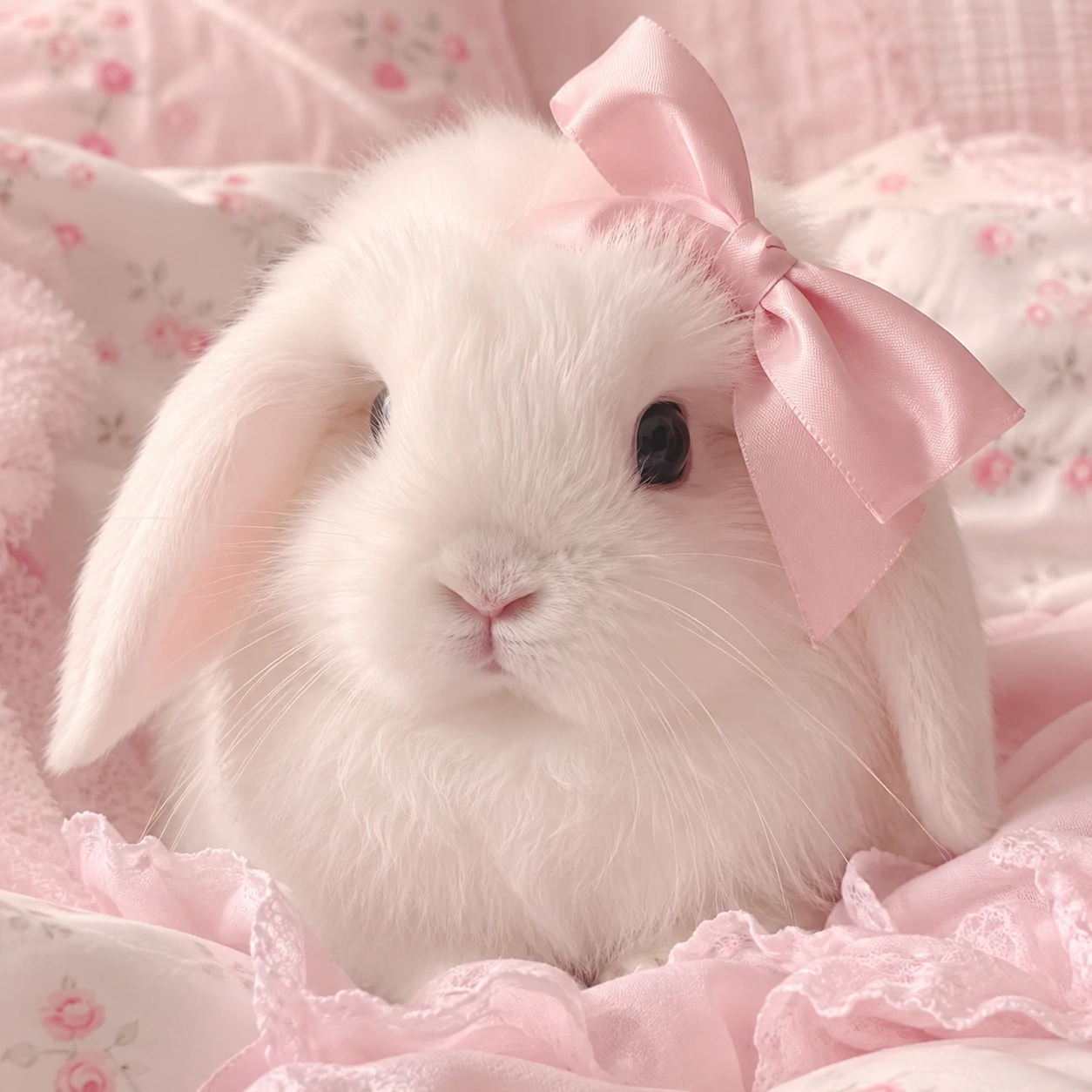 Cat coquette PFP wearing a pink bow on a pastel blanket.