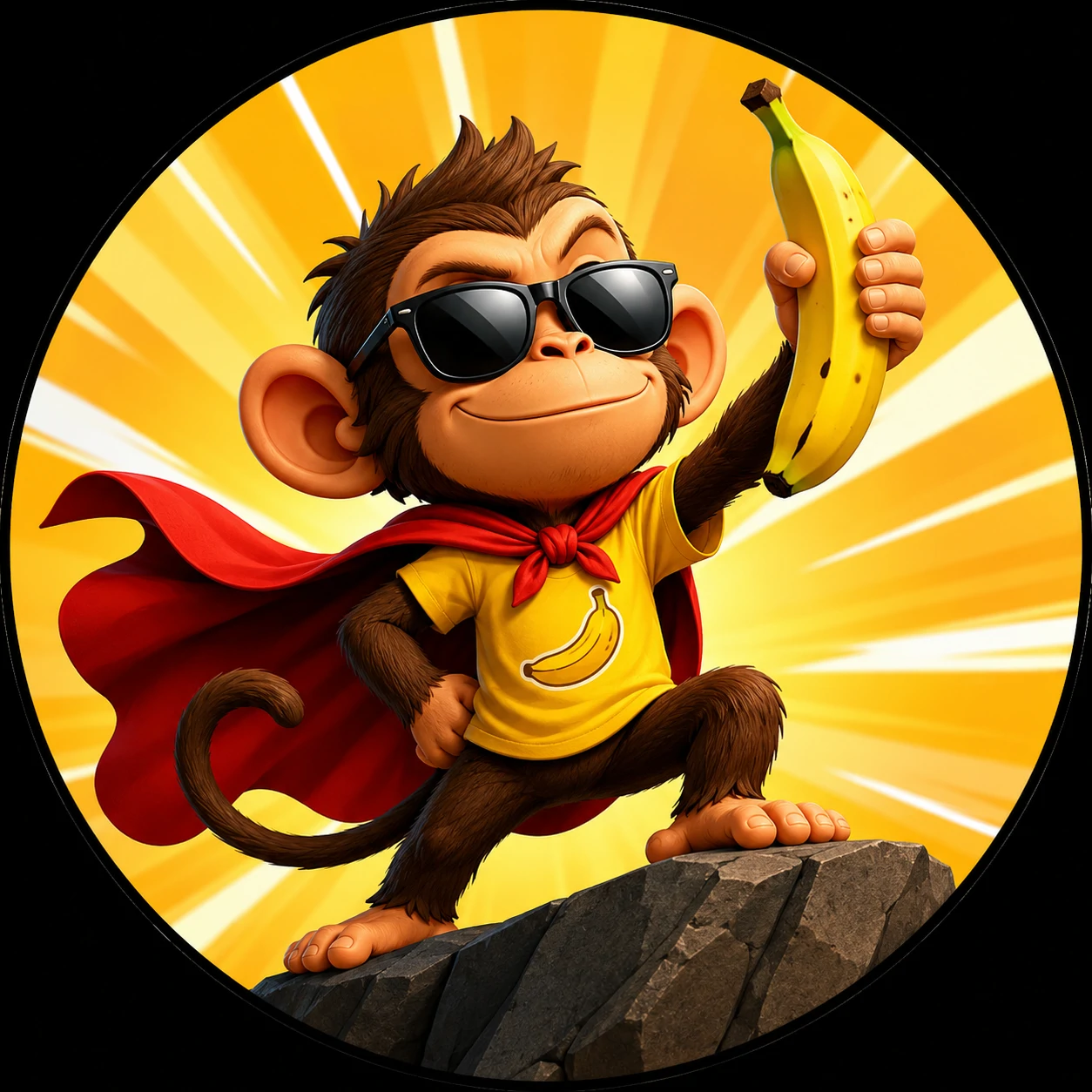 Cartoon monkey PFP holding banana like a heroic funny pose