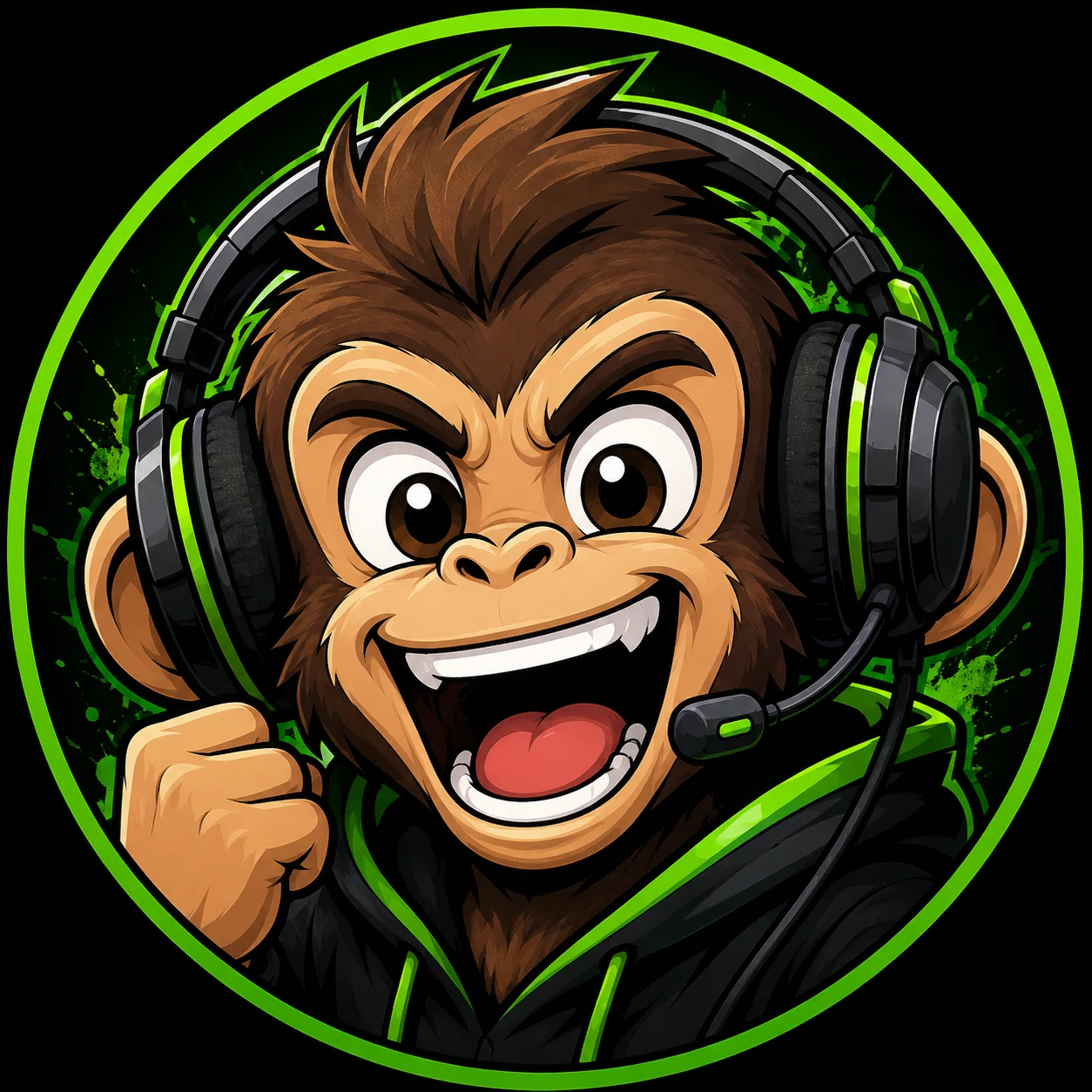 Cartoon monkey PFP wearing a gamer headset with excited expression