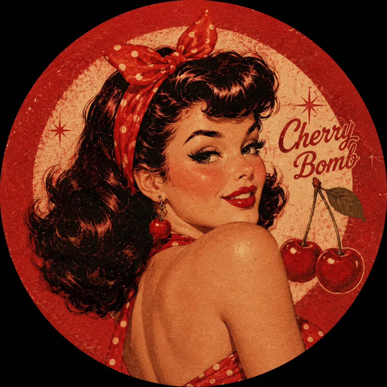 Retro cherry red aesthetic PFP with pin-up illustration and vintage grain overlay