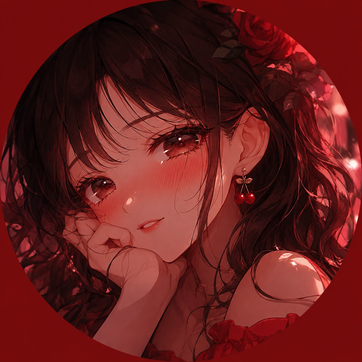 Cherry red PFP featuring blushing anime girl with cherry earrings and rose lighting