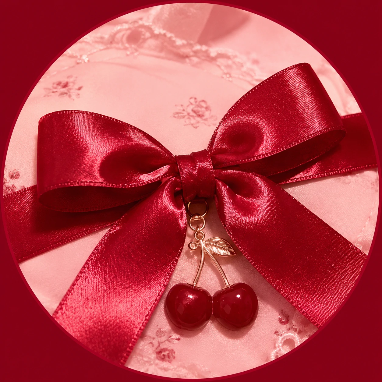 Coquette cherry red PFP with satin bow ribbon and soft blush background