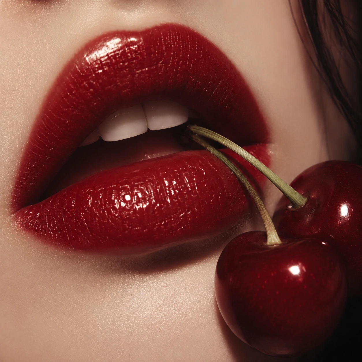 Cherry red PFP with lipstick close-up and soft studio lighting on pale skin