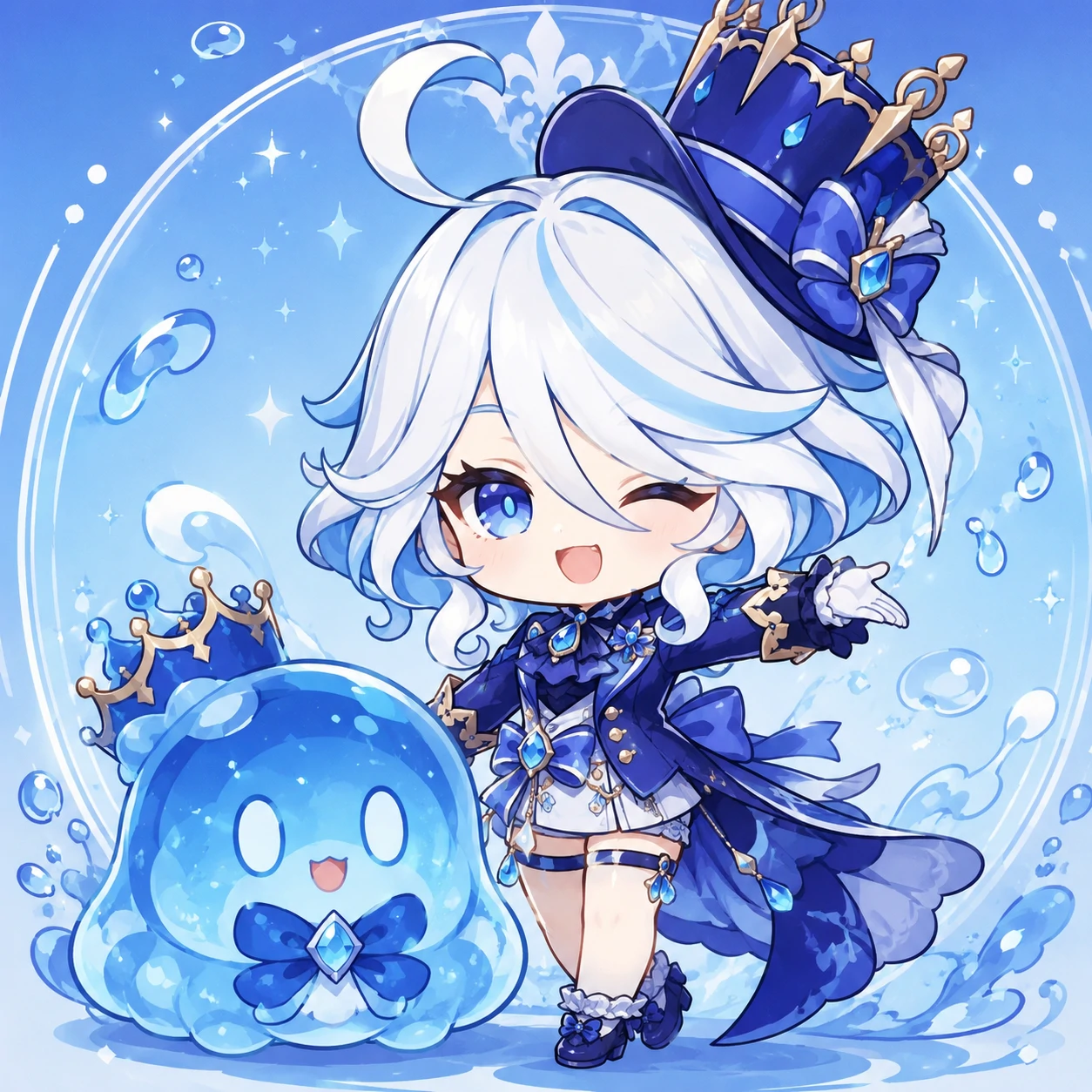 Chibi Furina icon standing next to a small blue Fontaine water blob
