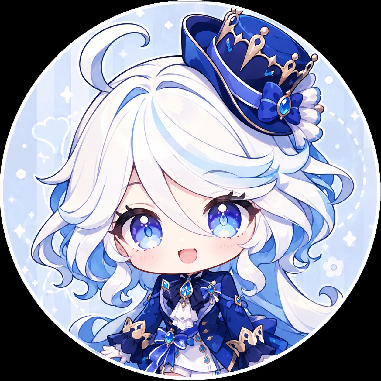 Chibi Furina PFP with mini top hat and oversized sparkling eyes