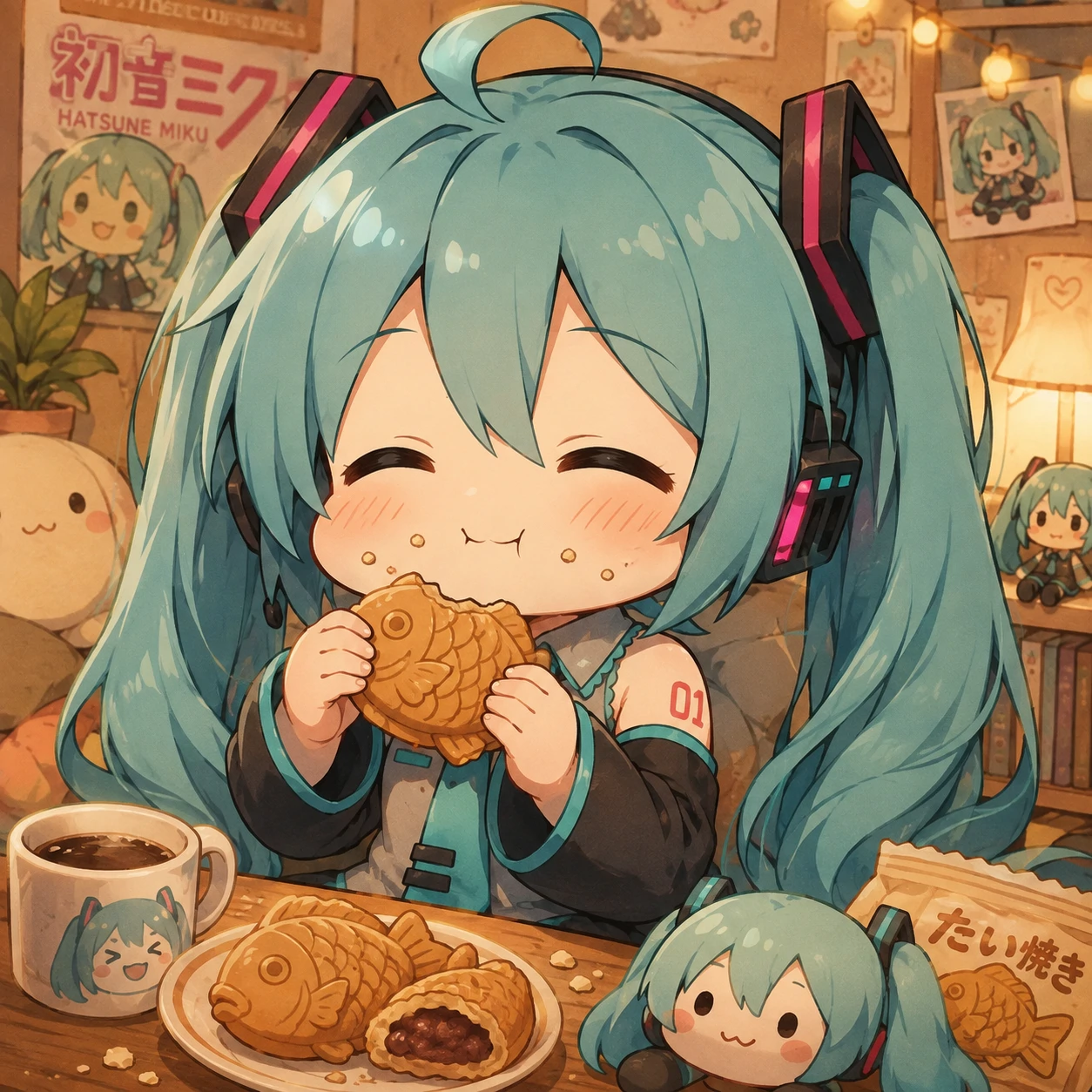 Chibi Hatsune Miku PFP munching a snack with crumbs and content expression