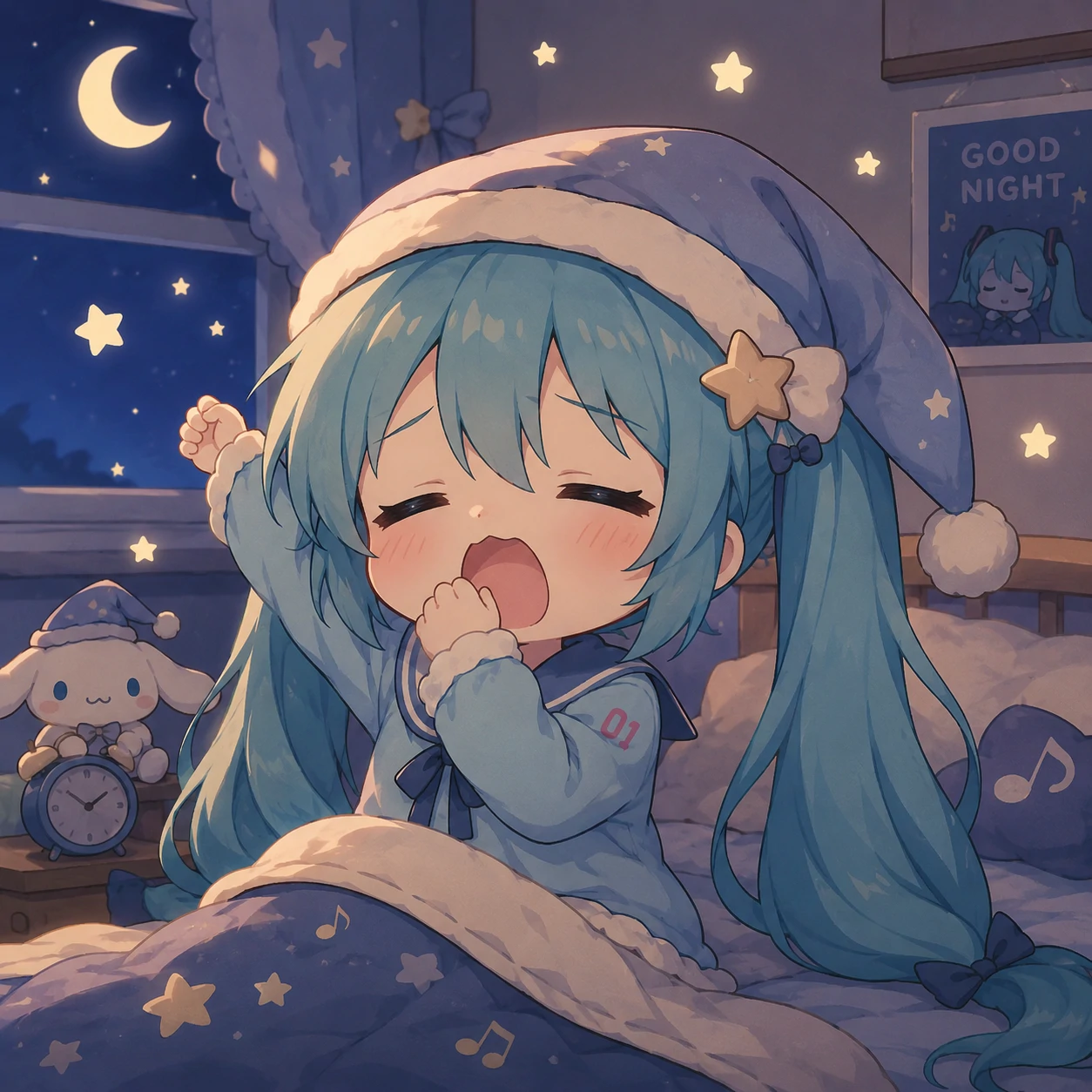 Sleepy chibi Hatsune Miku PFP yawning with nightcap and small stars