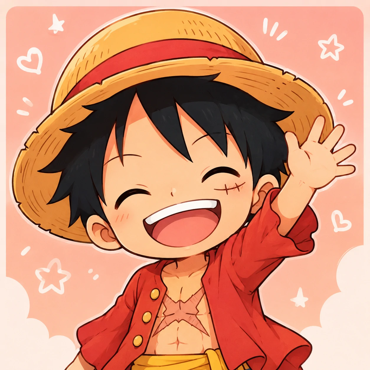 Chibi Luffy cute Discord PFP waving with cheerful expression