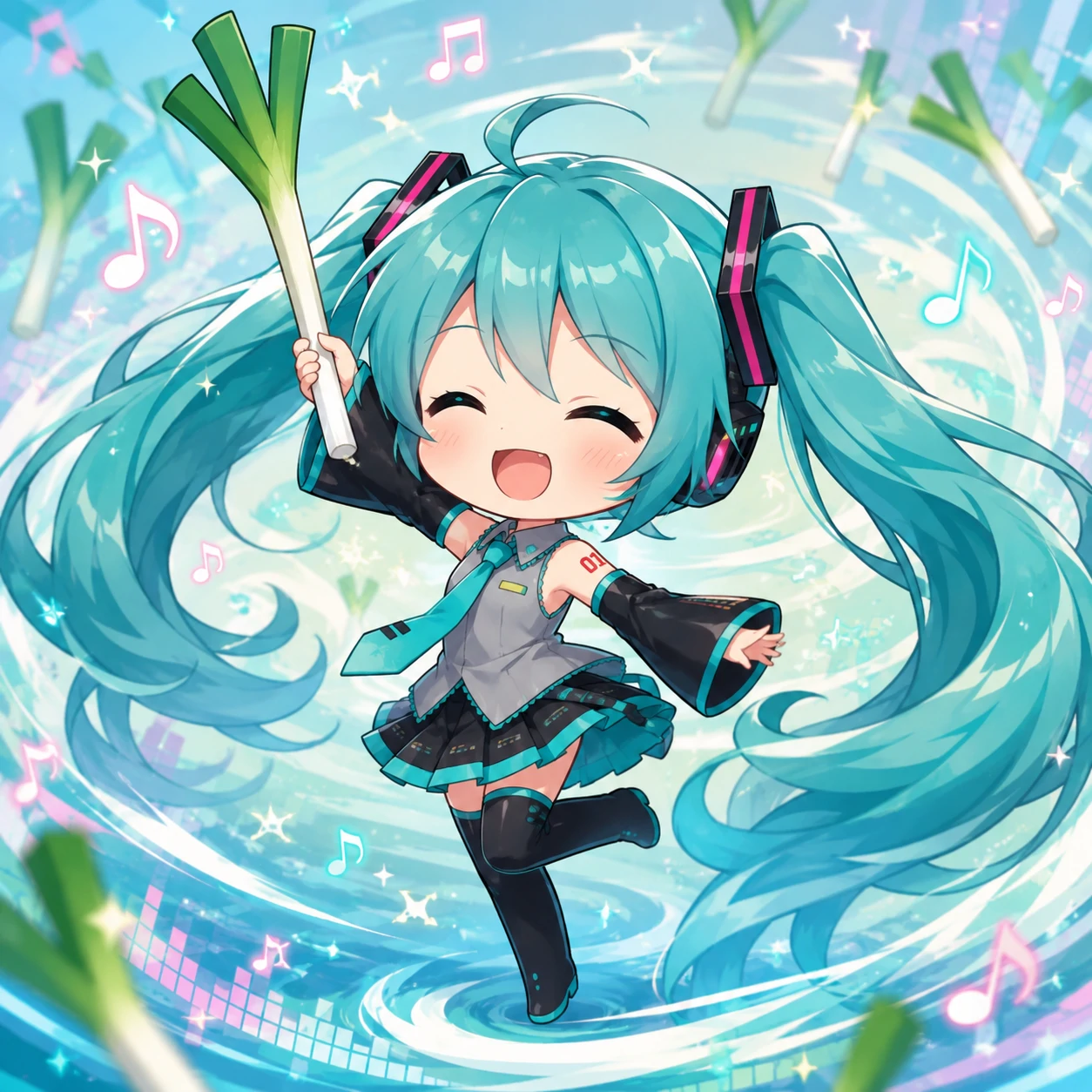 Chibi Miku icon holding her signature leek with a happy spinning pose