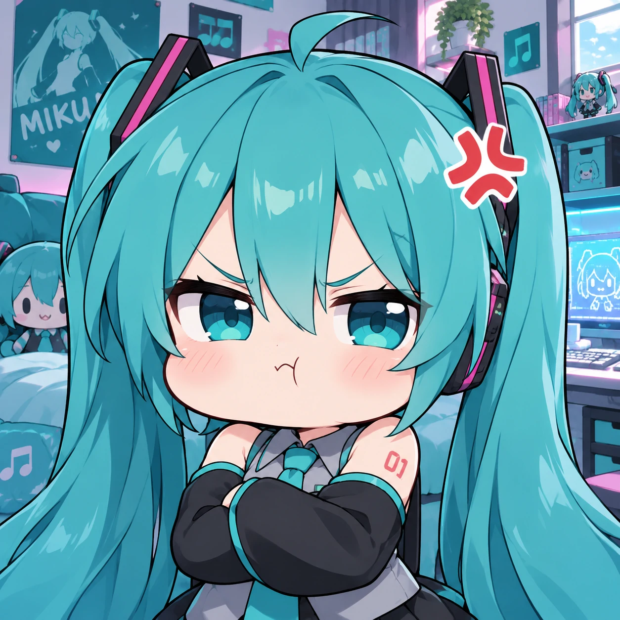 Pouting chibi Miku PFP with crossed arms and puffed cheeks