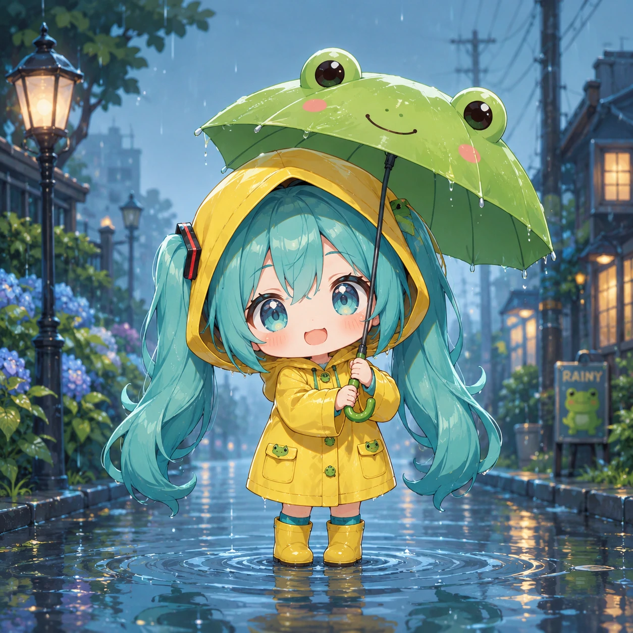 Chibi Miku PFP in a yellow raincoat holding a tiny frog umbrella