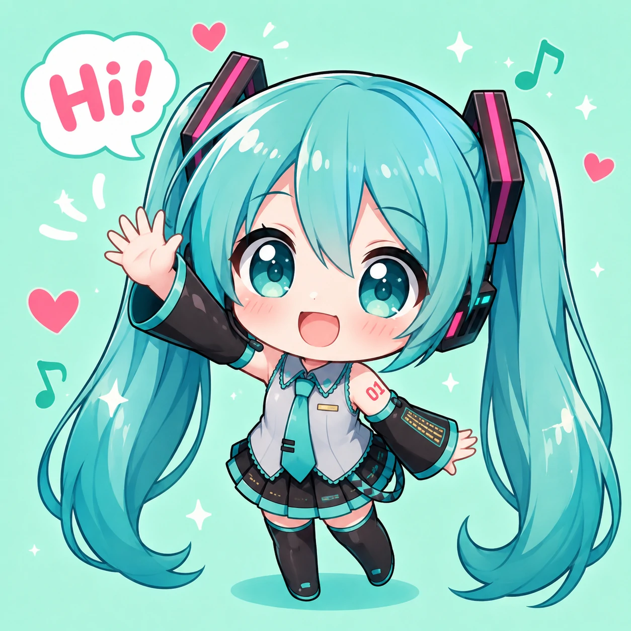 Chibi Miku PFP waving hello with tiny body and big sparkling eyes