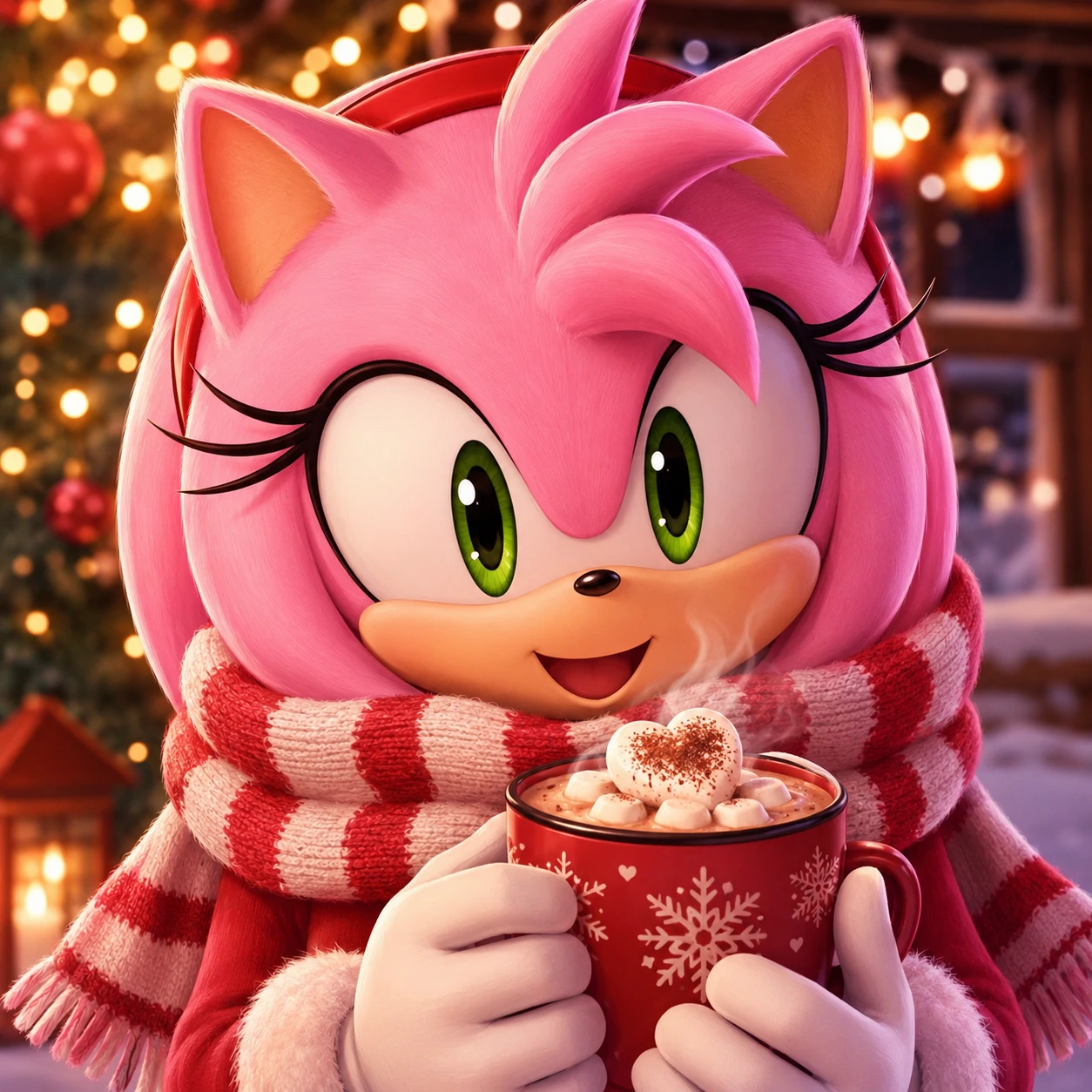 Cozy Christmas Amy Rose PFP in a striped scarf holding a warm mug of cocoa