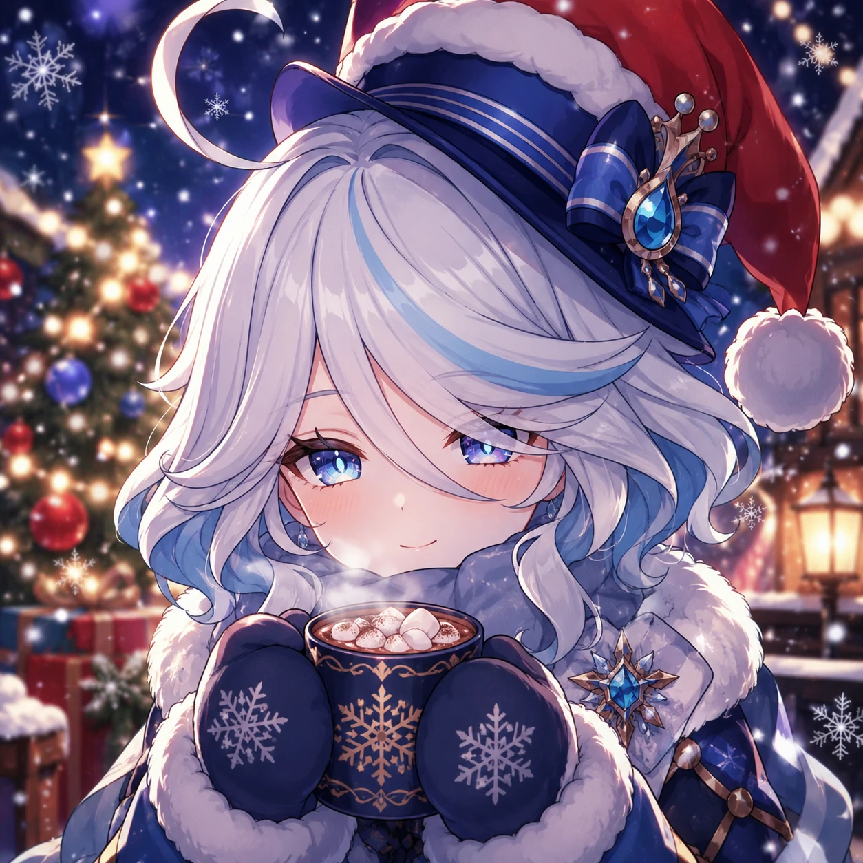 Christmas Furina PFP holding a steaming mug of hot cocoa in mittens
