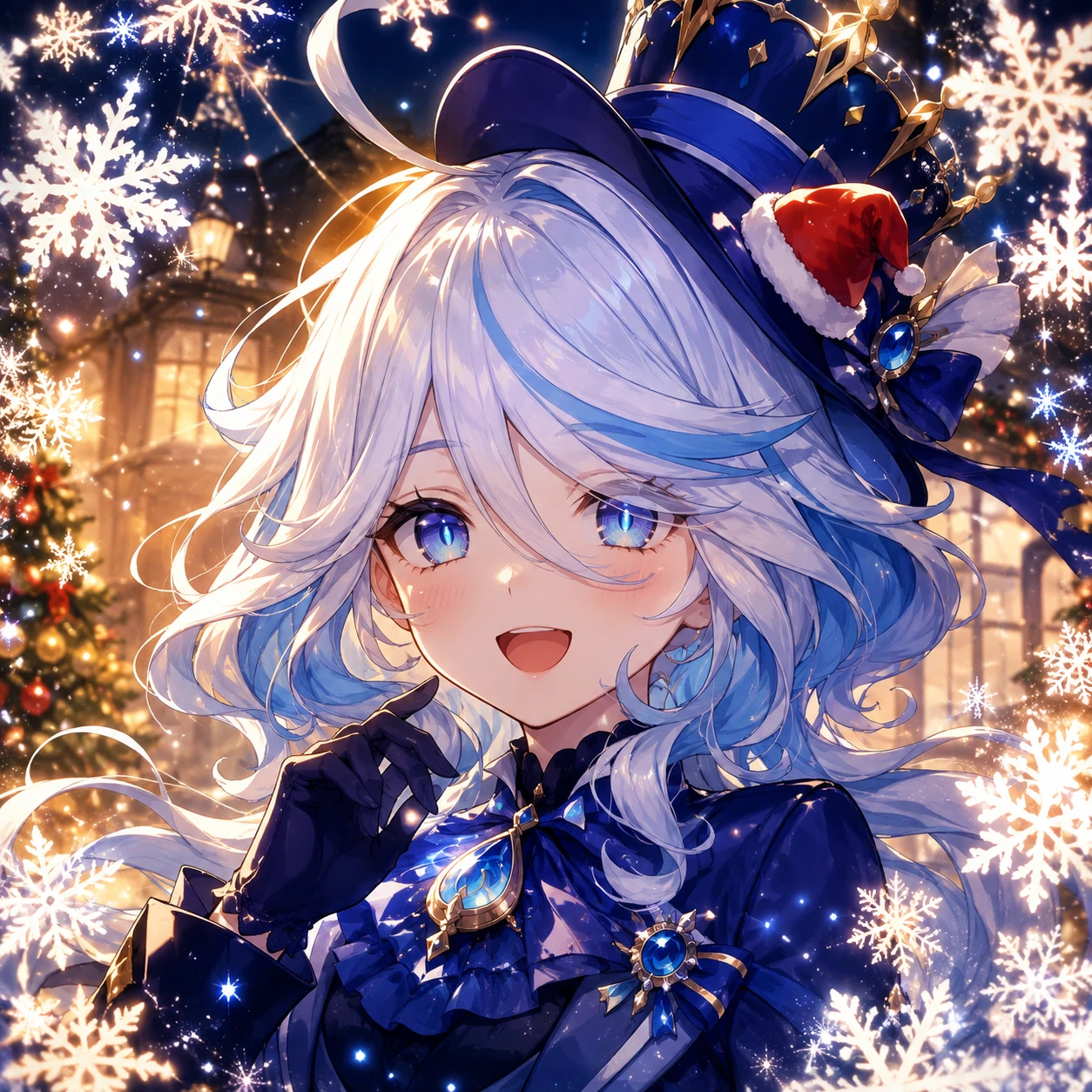 Christmas Furina PFP surrounded by falling snowflakes and warm light glow