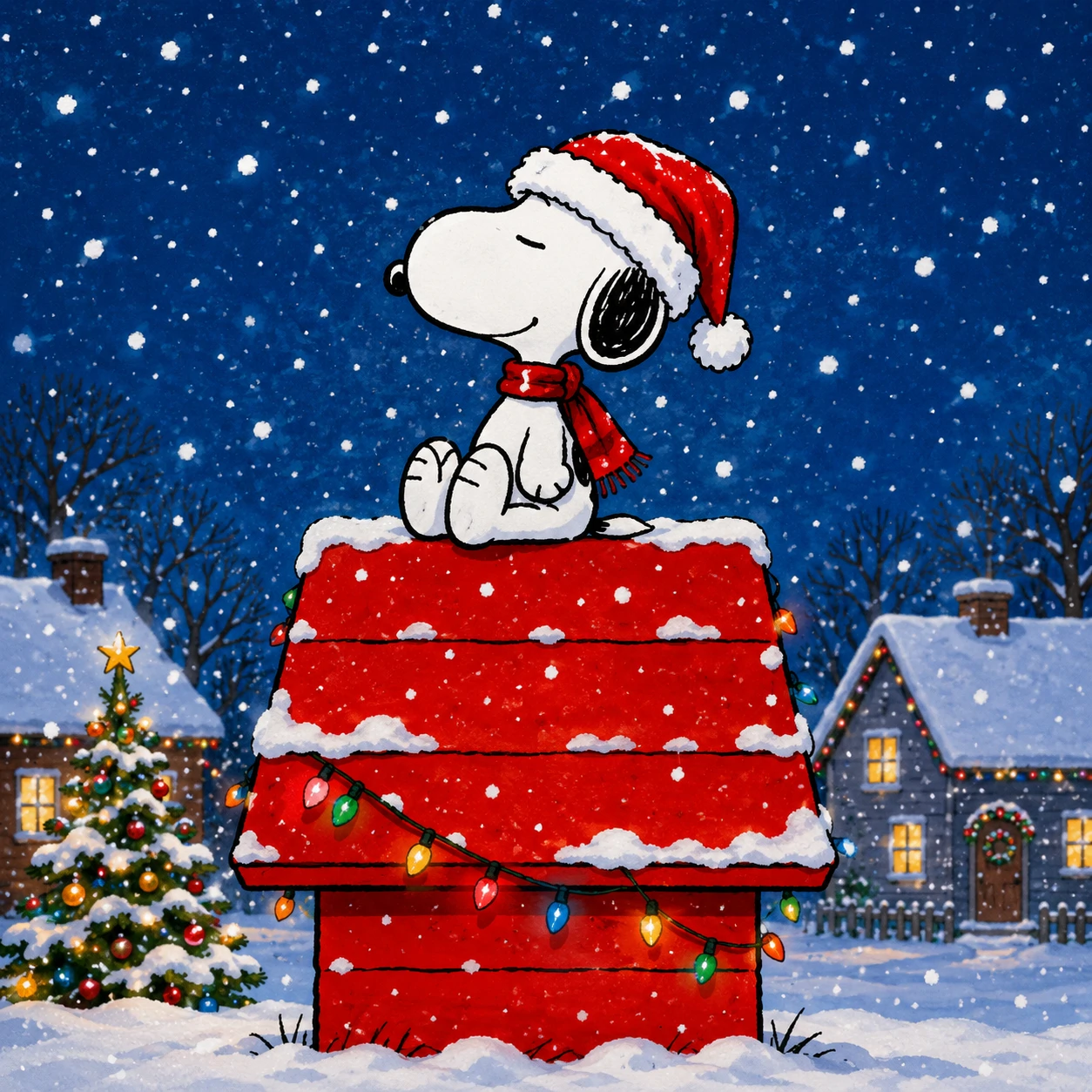 Cute Christmas Snoopy PFP sitting on his red roof in gently falling snow