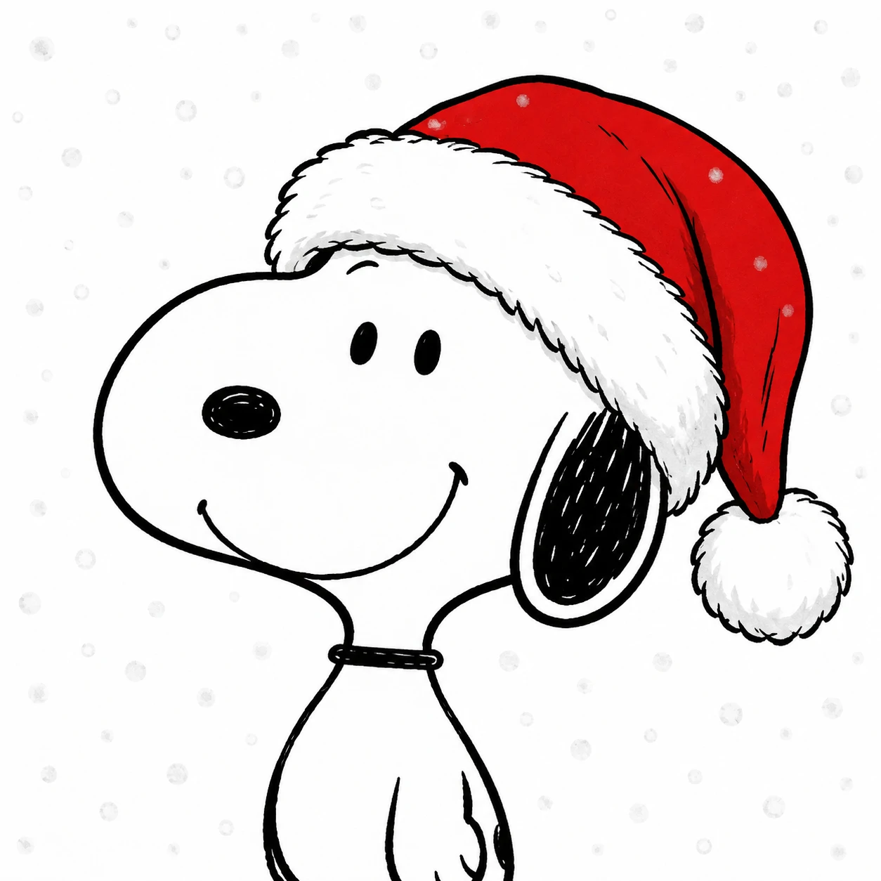 Christmas Snoopy PFP wearing a fluffy red Santa hat and smiling