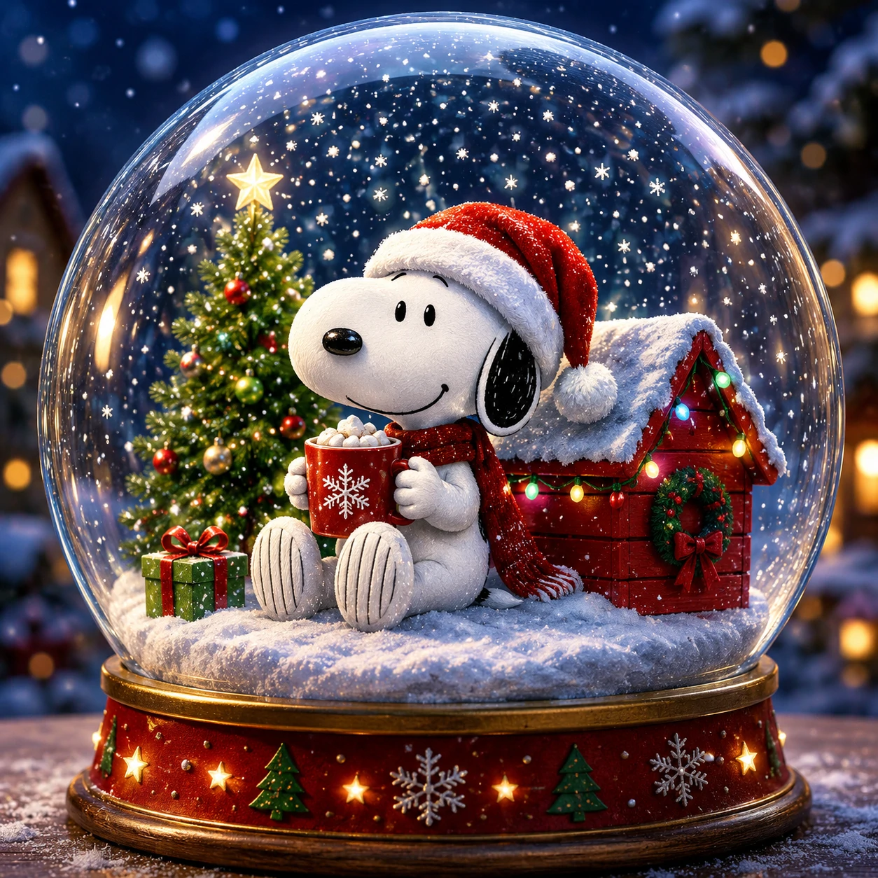 Christmas Snoopy PFP inside a snow globe with falling snowflakes