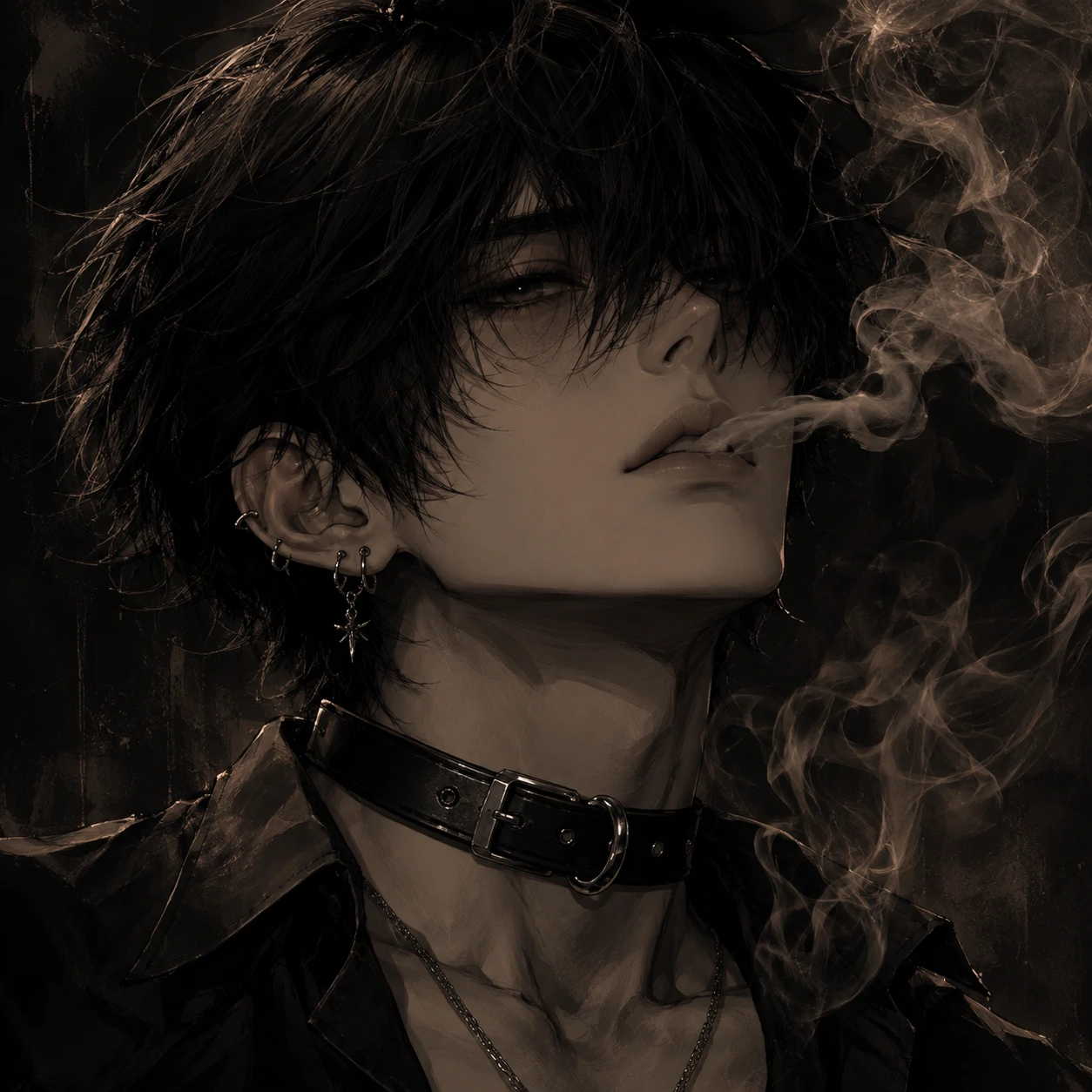 Cool emo anime boy PFP with smoke curling around his face and a leather collar