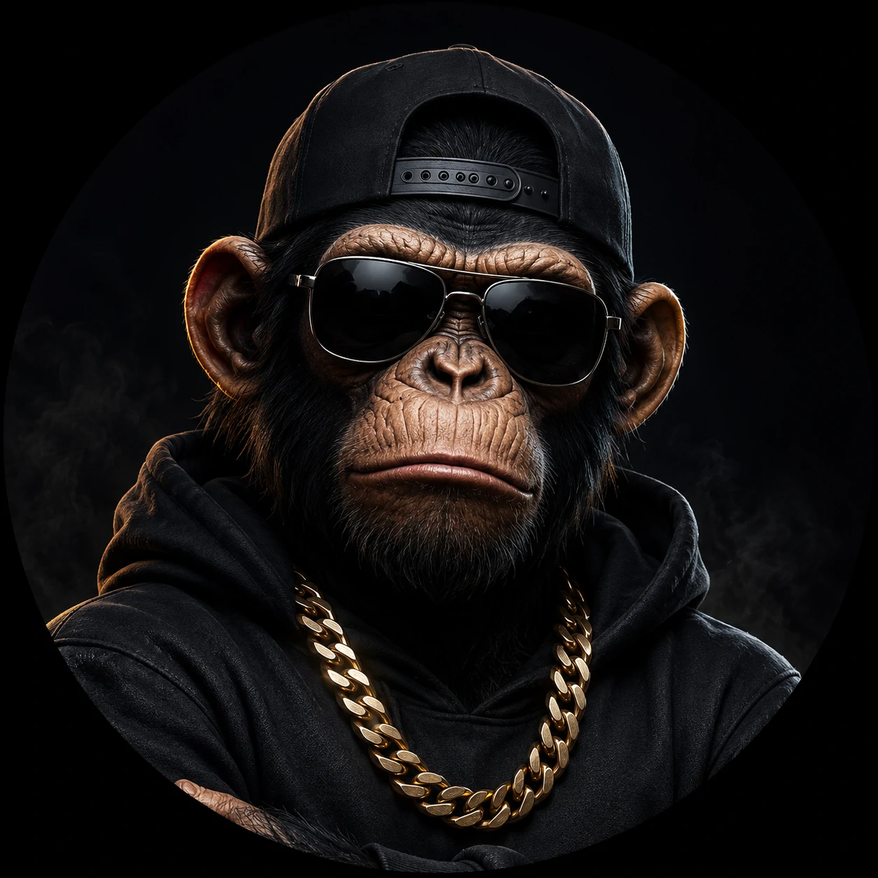 Cool monkey PFP with chain and sunglasses on dark background